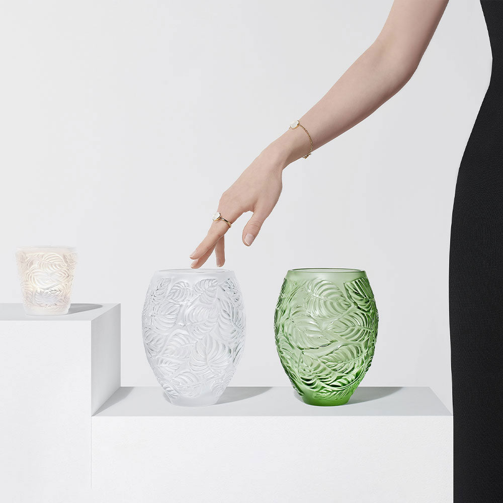 New Old Stock Lalique Feuilles Vase Green Y082