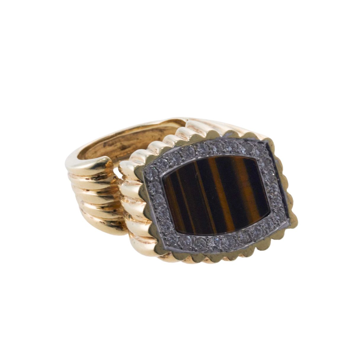 La Triomphe 1970s Tiger's Eye Diamond Gold Ring