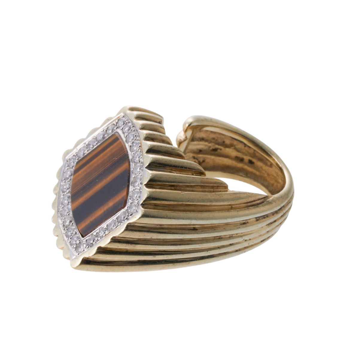 La Triomphe 1970s Tiger's Eye Diamond Gold Ring