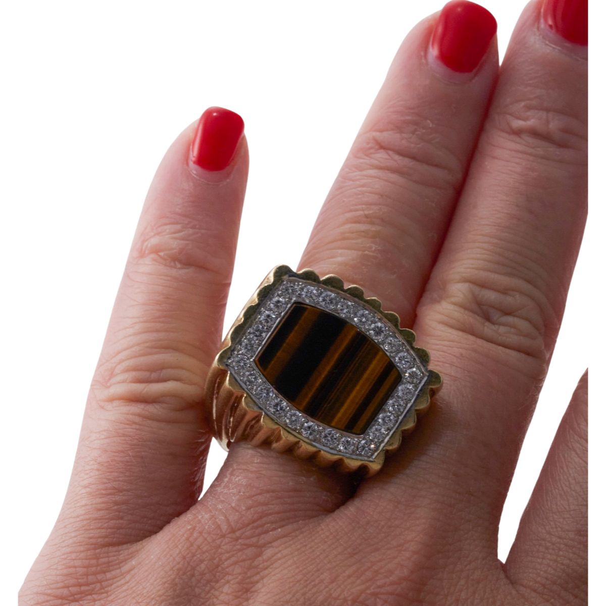 La Triomphe 1970s Tiger's Eye Diamond Gold Ring