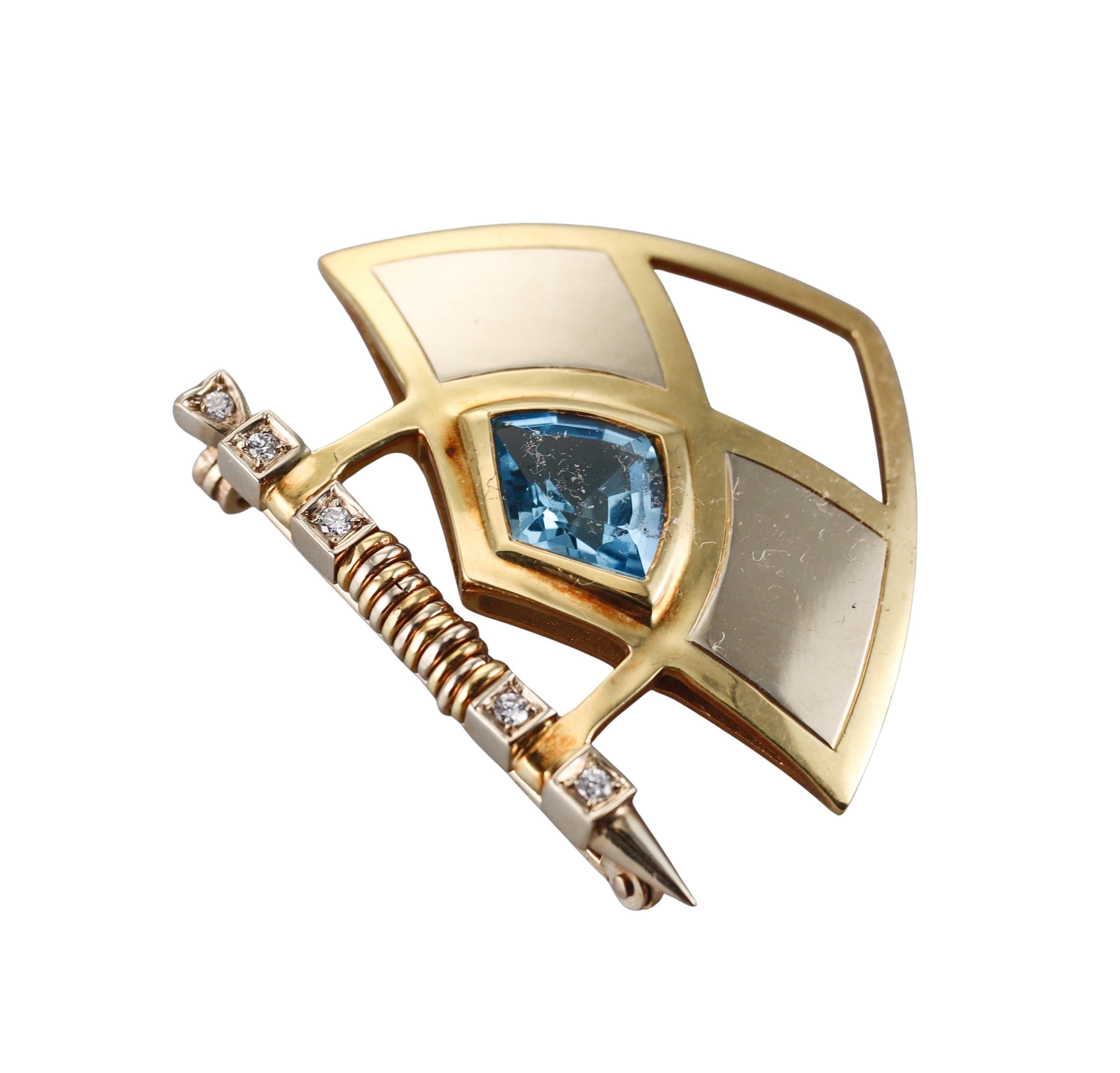 Manfredi Gold Diamond Blue Topaz Brooch Pin