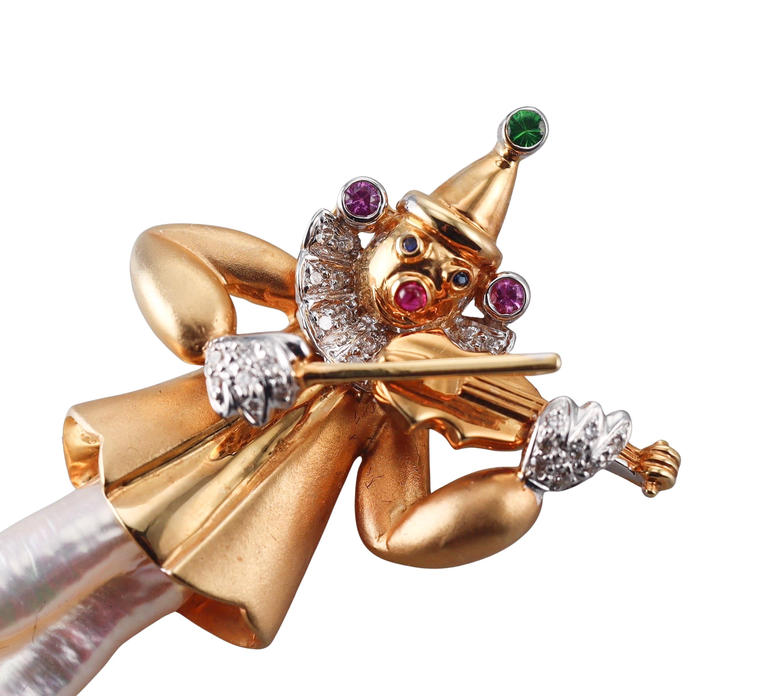 Diamond Pearl Sapphire Gold Clown Violinist Brooch Pendant