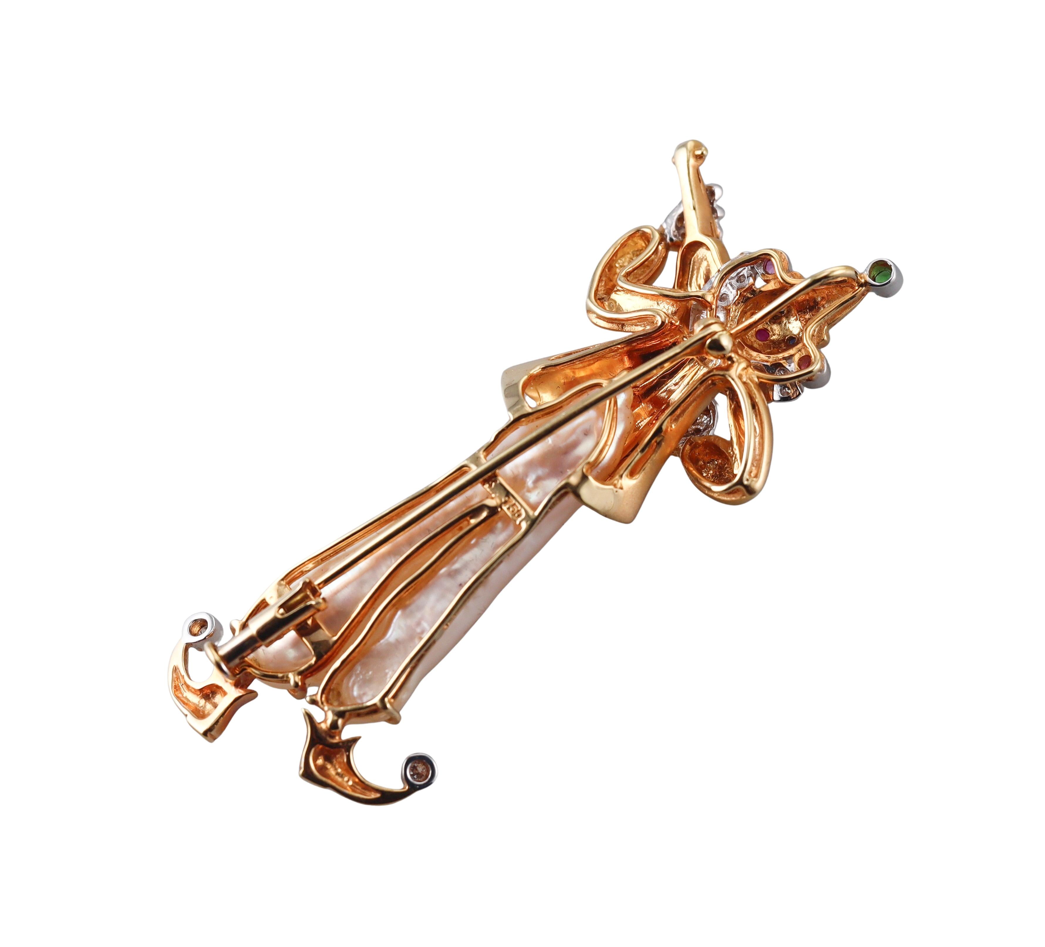 Diamond Pearl Sapphire Gold Clown Violinist Brooch Pendant