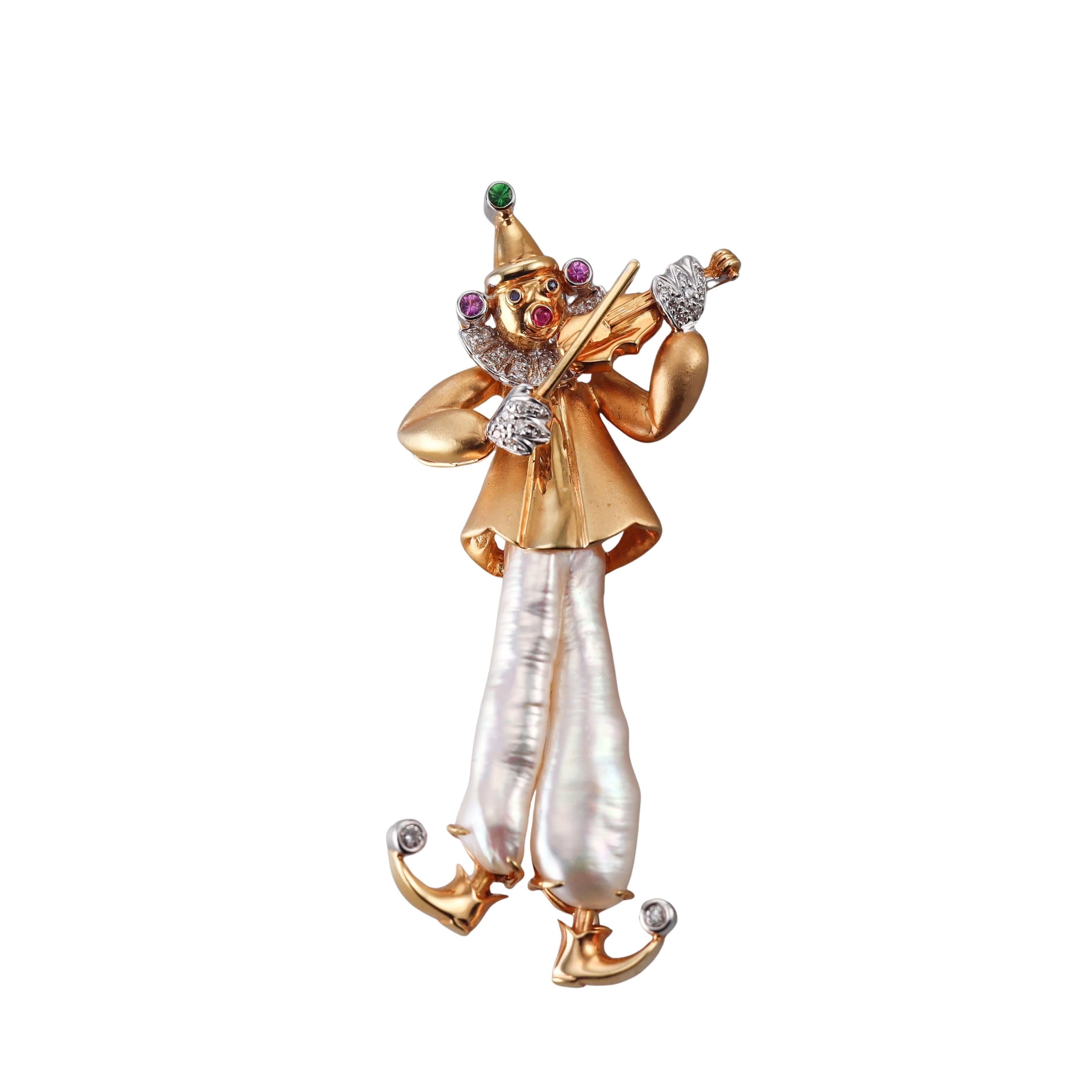 Diamond Pearl Sapphire Gold Clown Violinist Brooch Pendant