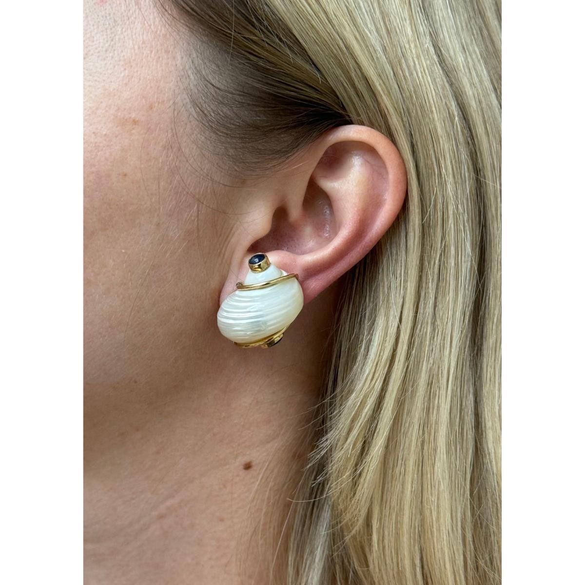 Seaman Schepps Vintage Sapphire Turbo Shell Gold Earrings