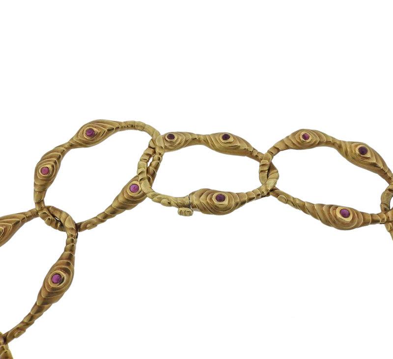 1980s Angela Cummings Ruby Gold Link Necklace