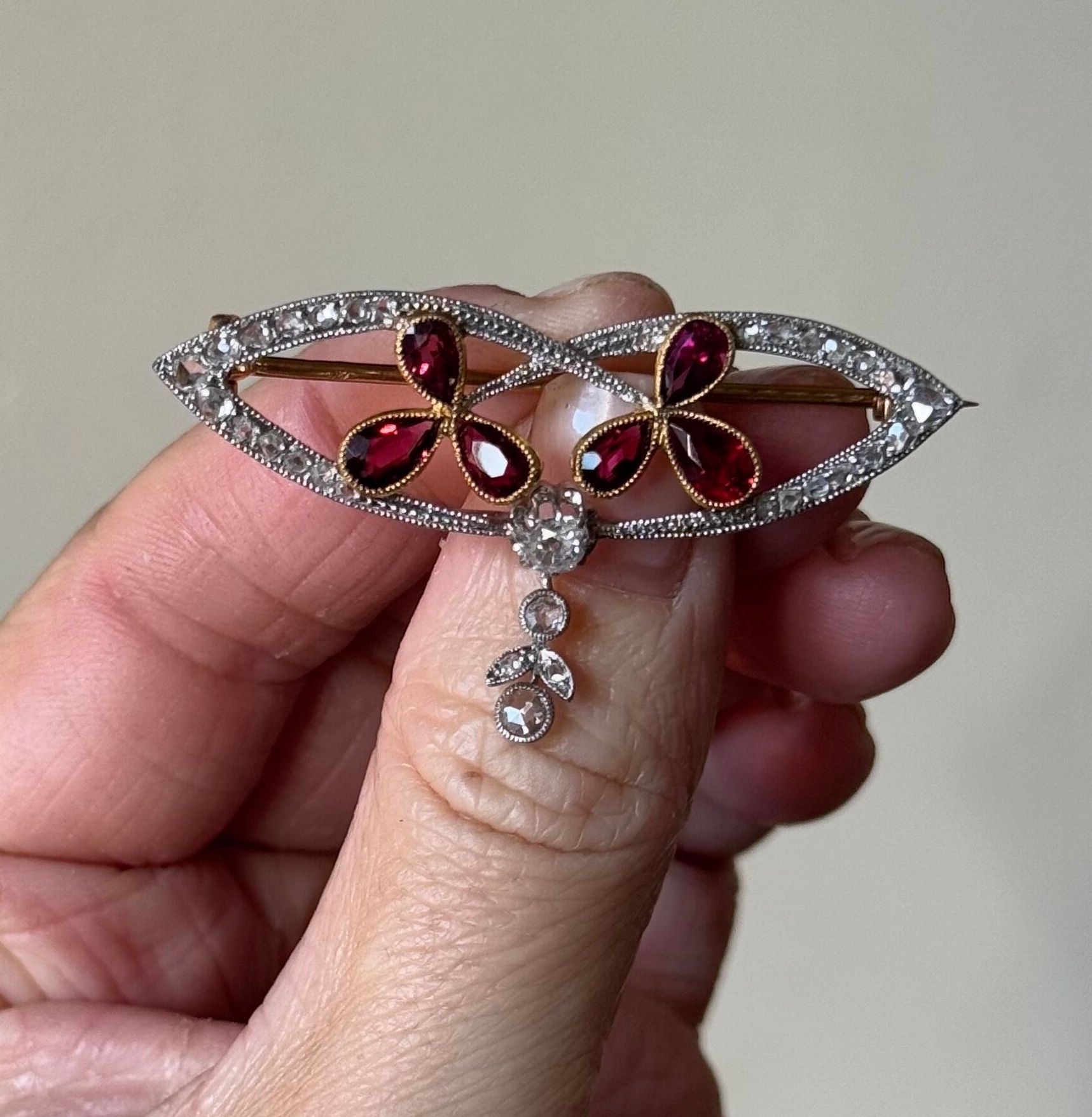Antique Platinum Gold Diamond Ruby Brooch Pin
