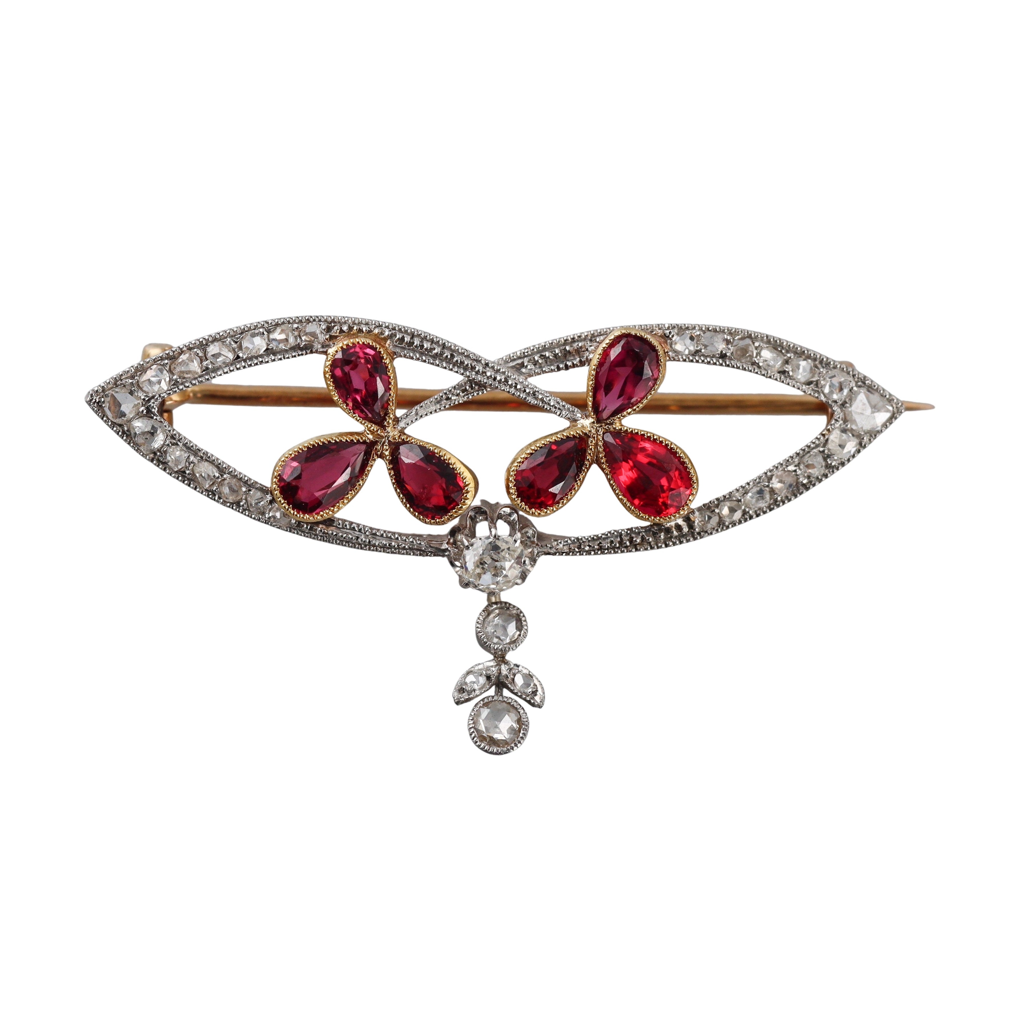 Antique Platinum Gold Diamond Ruby Brooch Pin