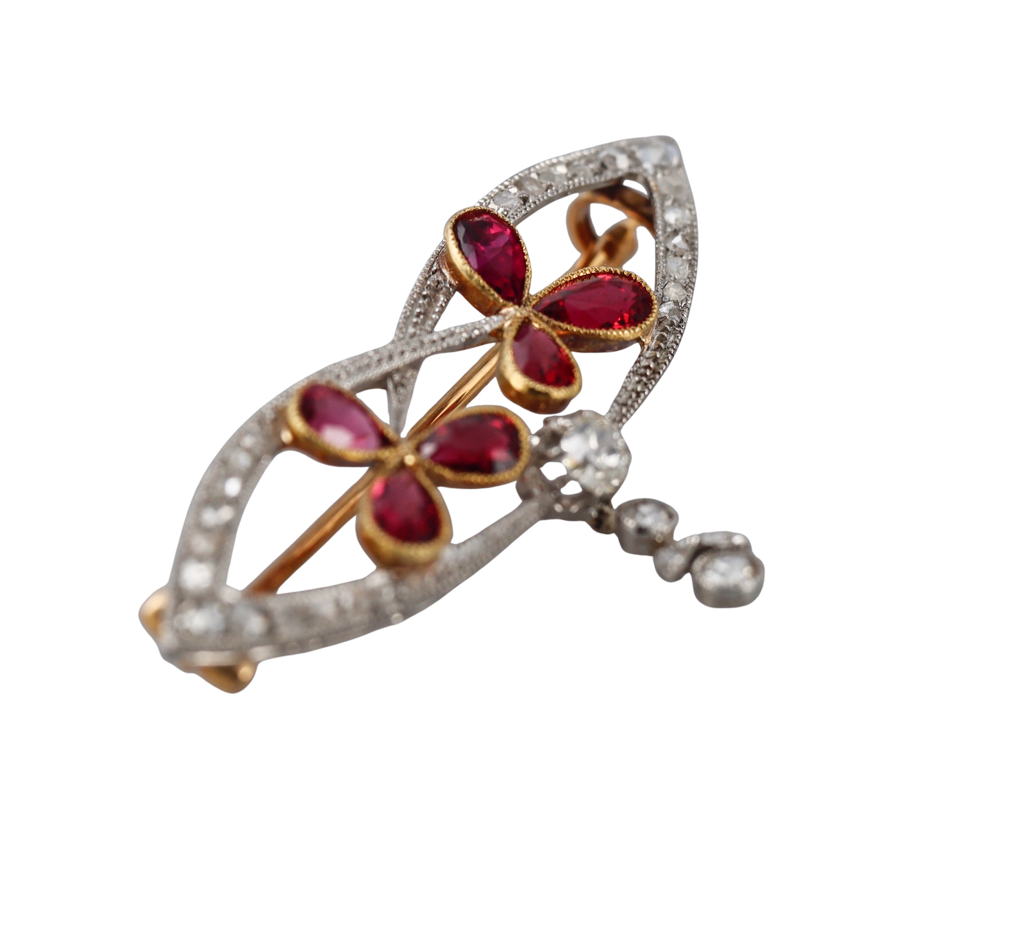 Antique Platinum Gold Diamond Ruby Brooch Pin