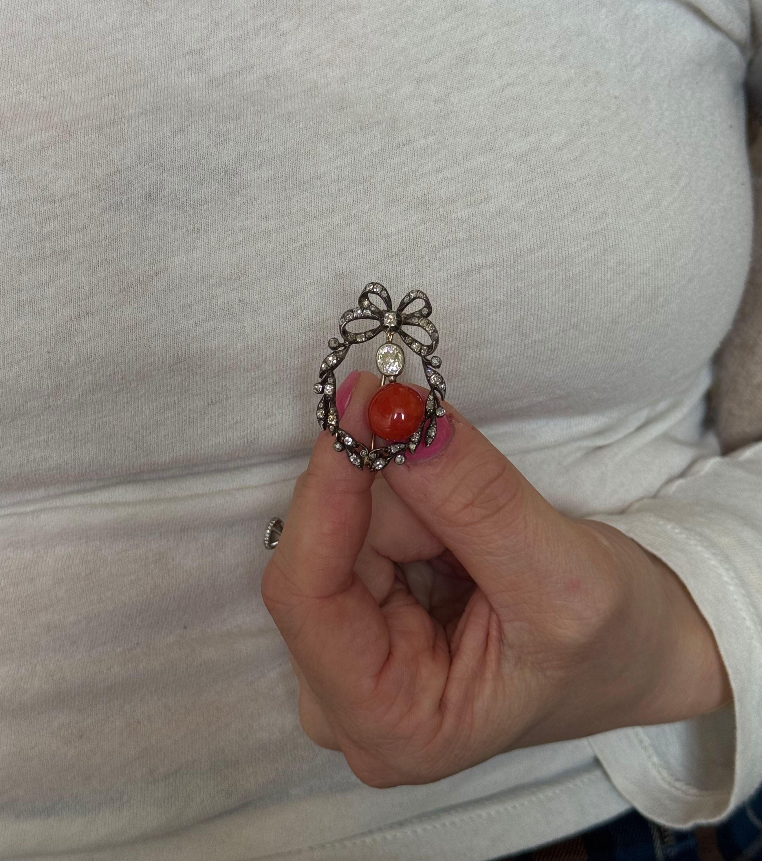 Antique Victorian Gold Silver Diamond Coral Bow Brooch Pendant