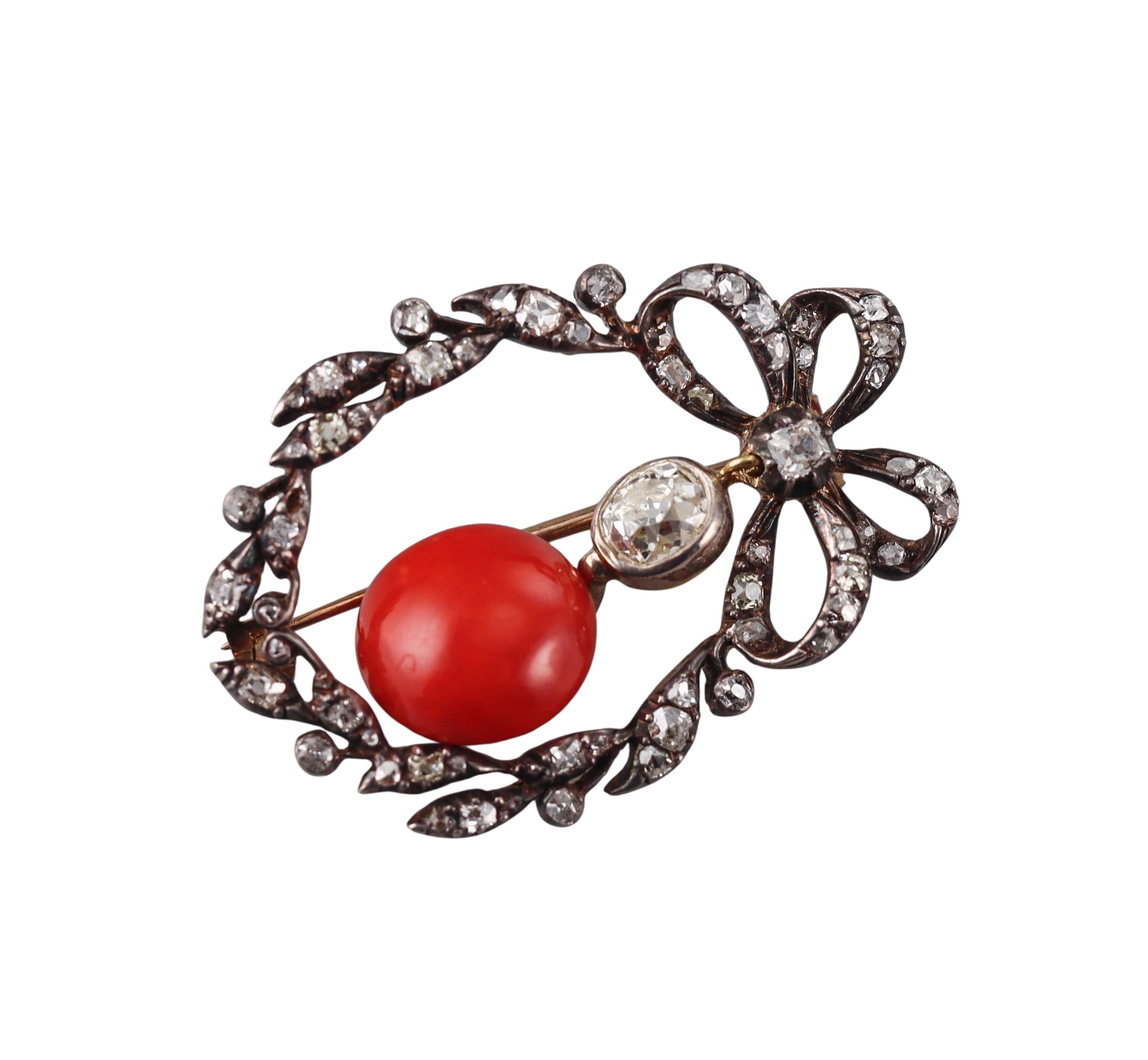 Antique Victorian Gold Silver Diamond Coral Bow Brooch Pendant