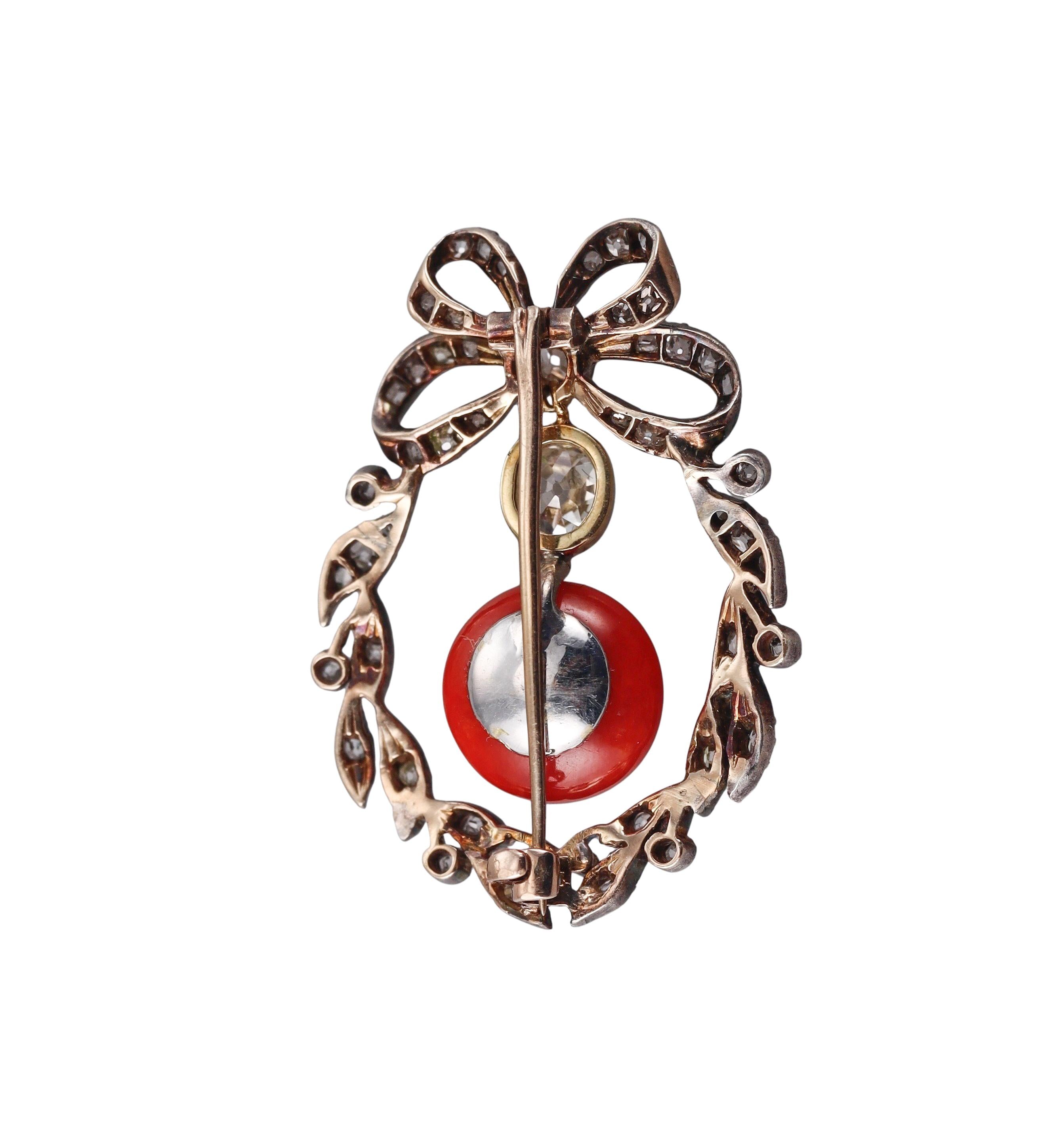 Antique Victorian Gold Silver Diamond Coral Bow Brooch Pendant