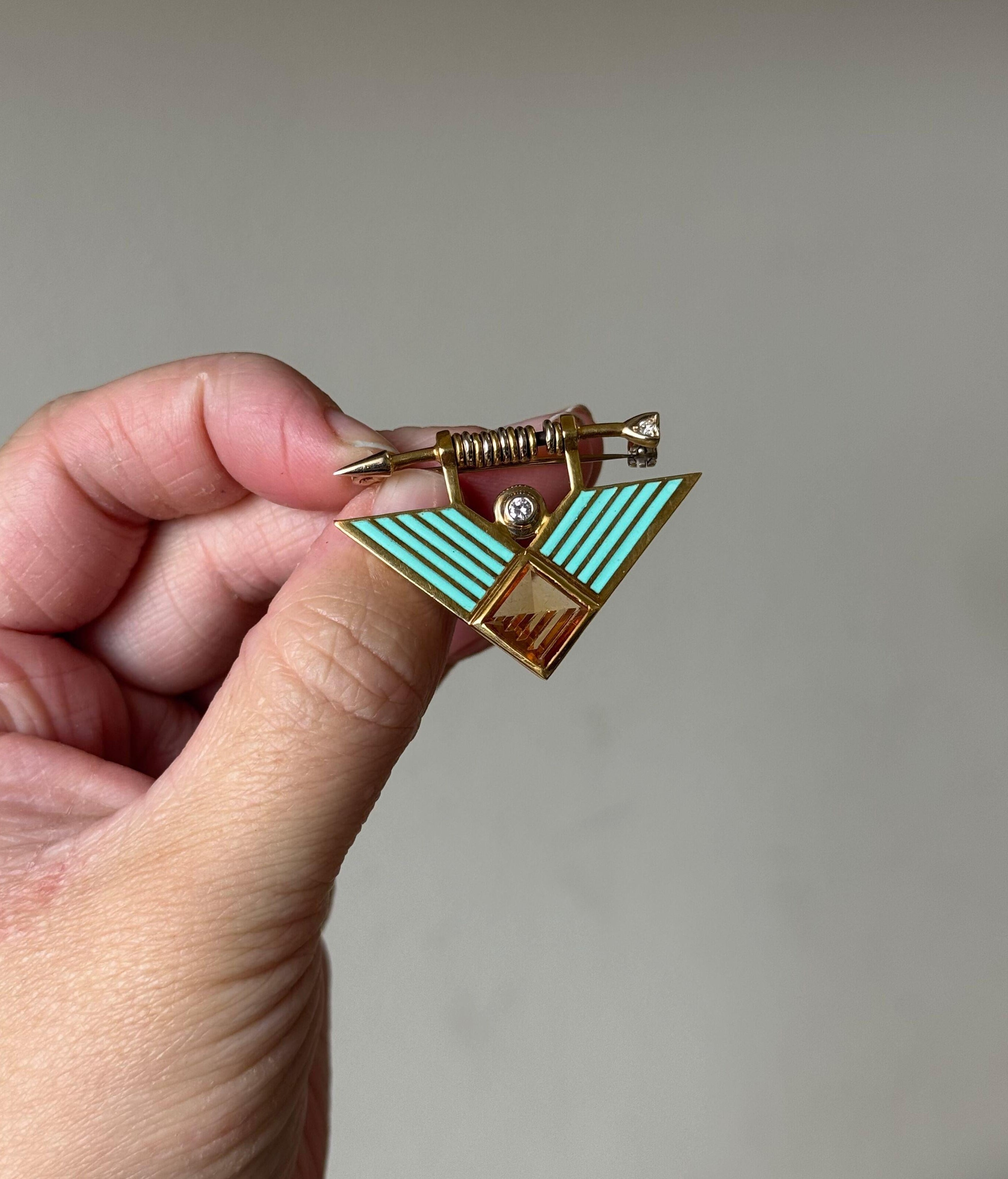 Manfredi Gold Diamond Citrine Enamel Brooch Pin