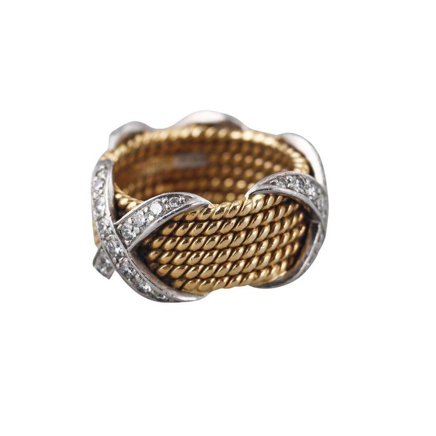 Tiffany & Co Schlumberger Six Row Rope Diamond Gold Platinum Ring