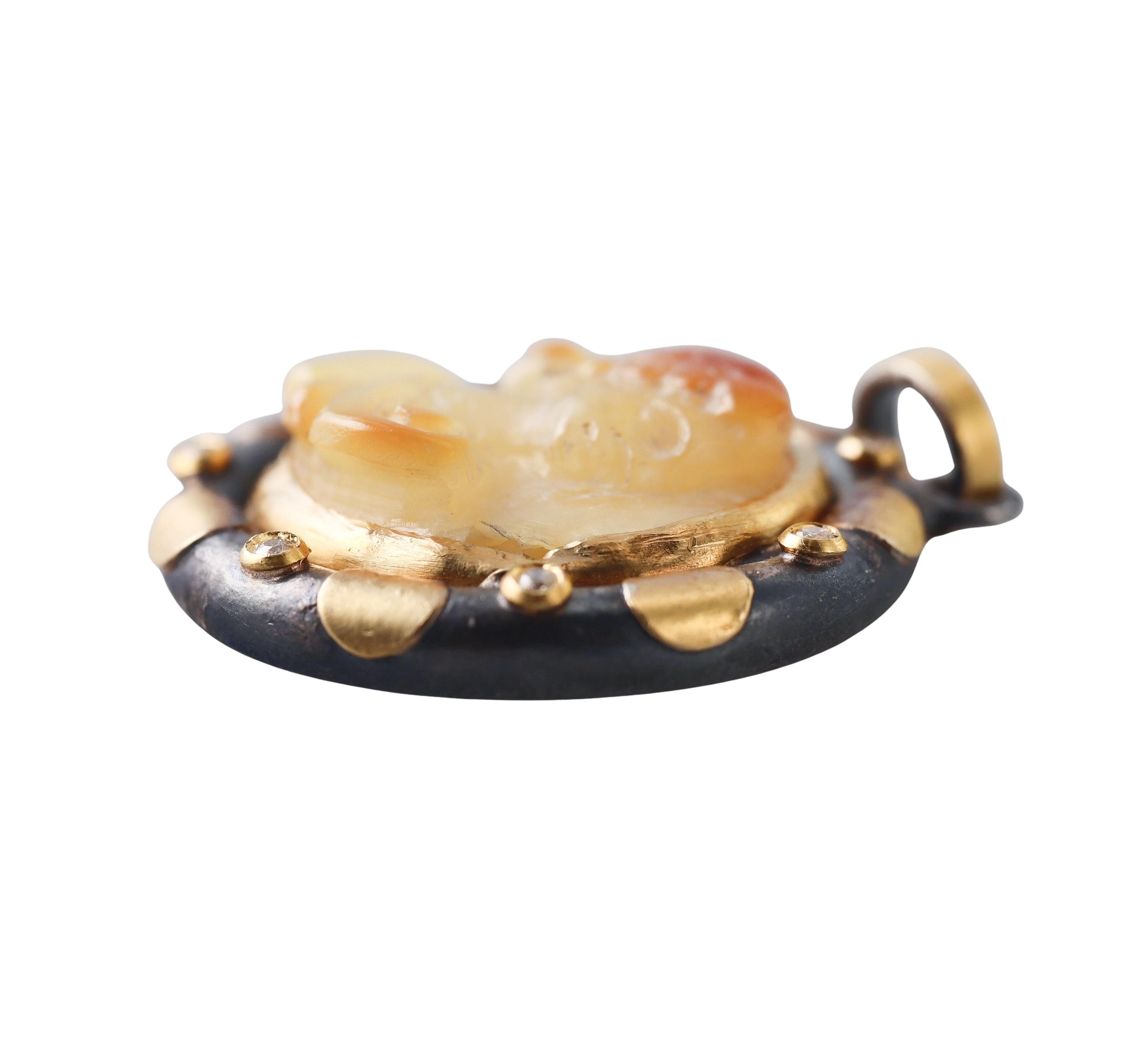 Ancient Inspired Gold Silver Amber Cameo Diamond Pendant