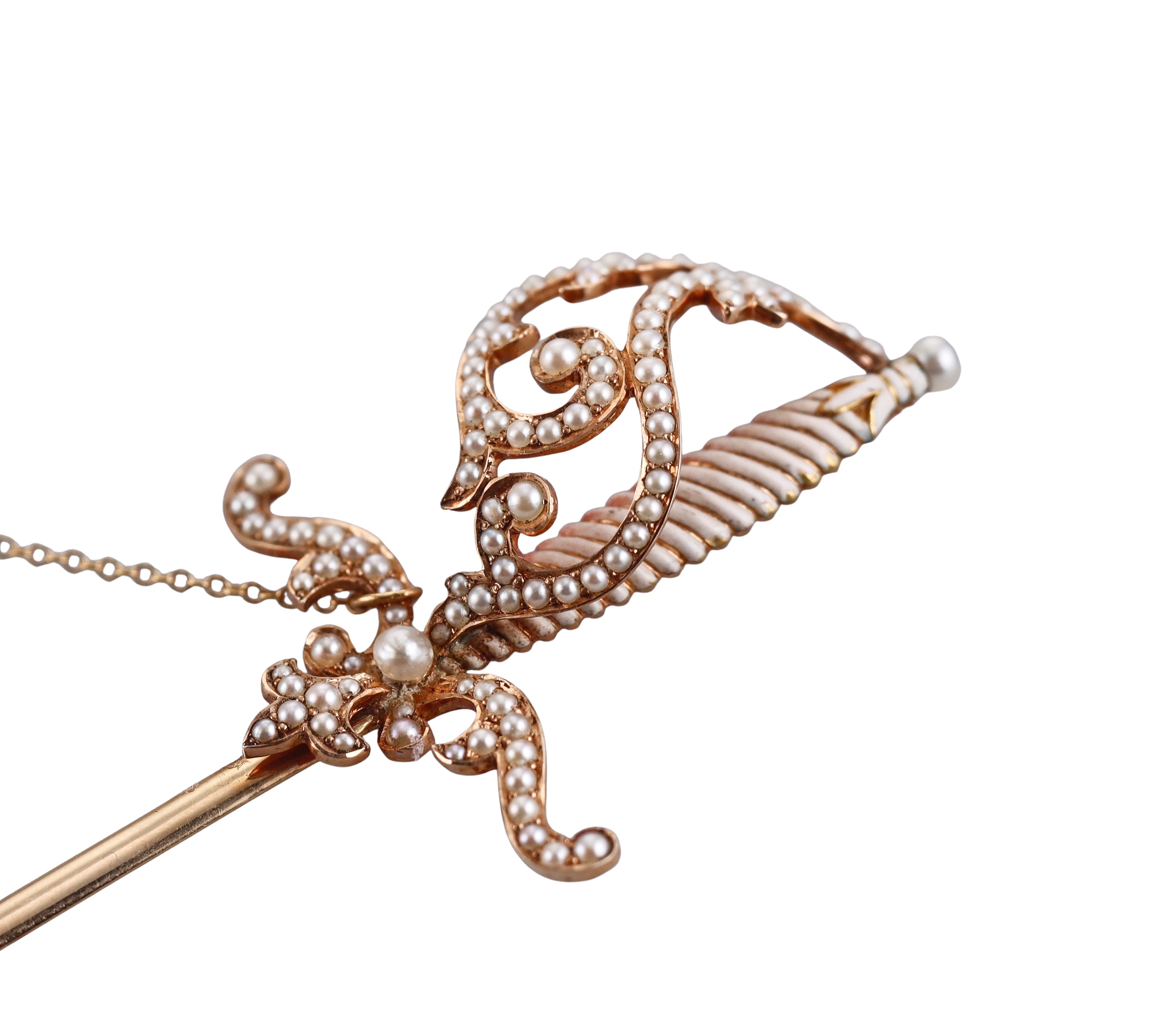 Antique Victorian Gold Seed Pearl Enamel Jabot Sword Pin