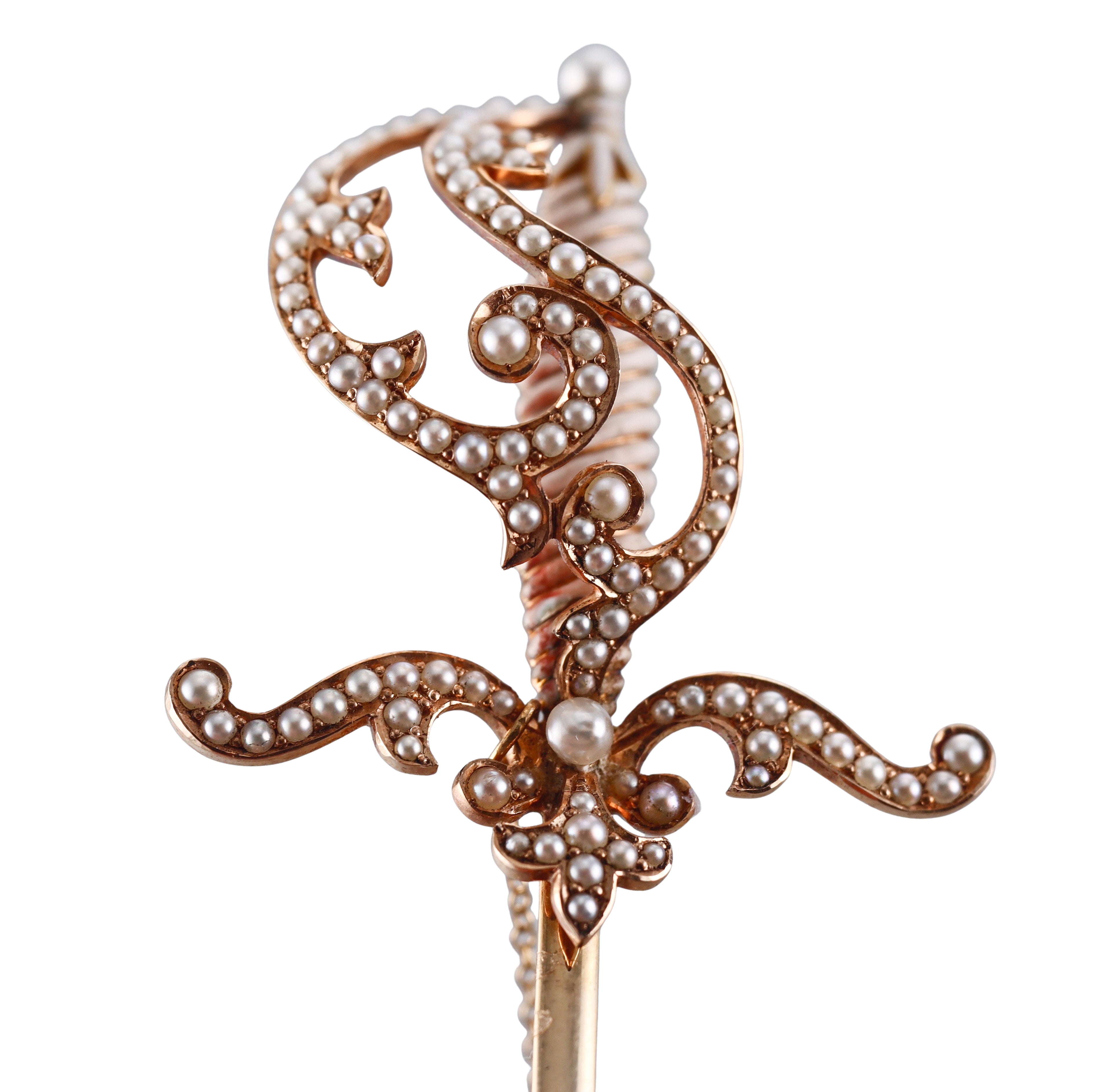 Antique Victorian Gold Seed Pearl Enamel Jabot Sword Pin
