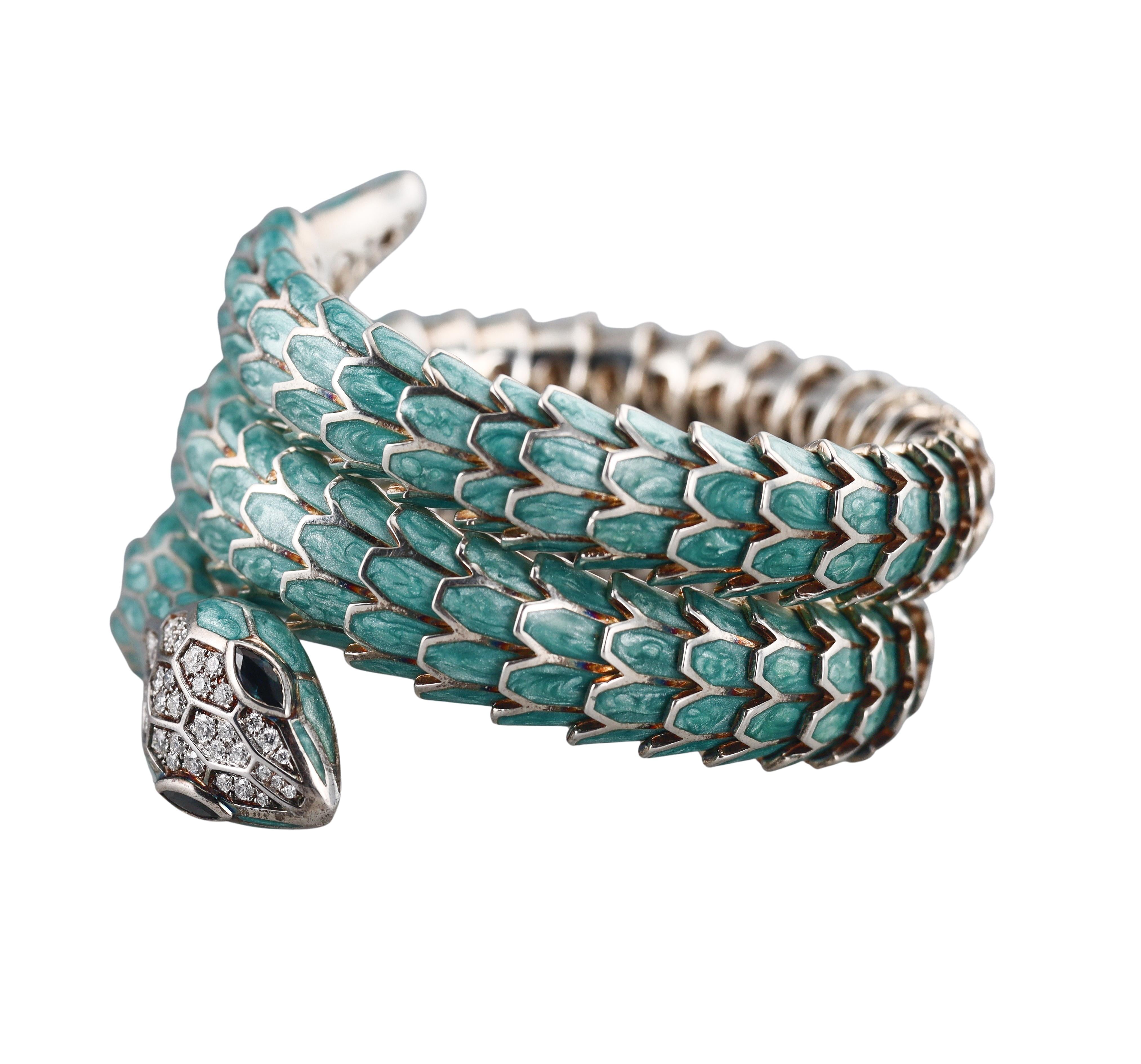 Alexis NY Gold Silver Diamond Sapphire Enamel Snake Wrap Bracelet