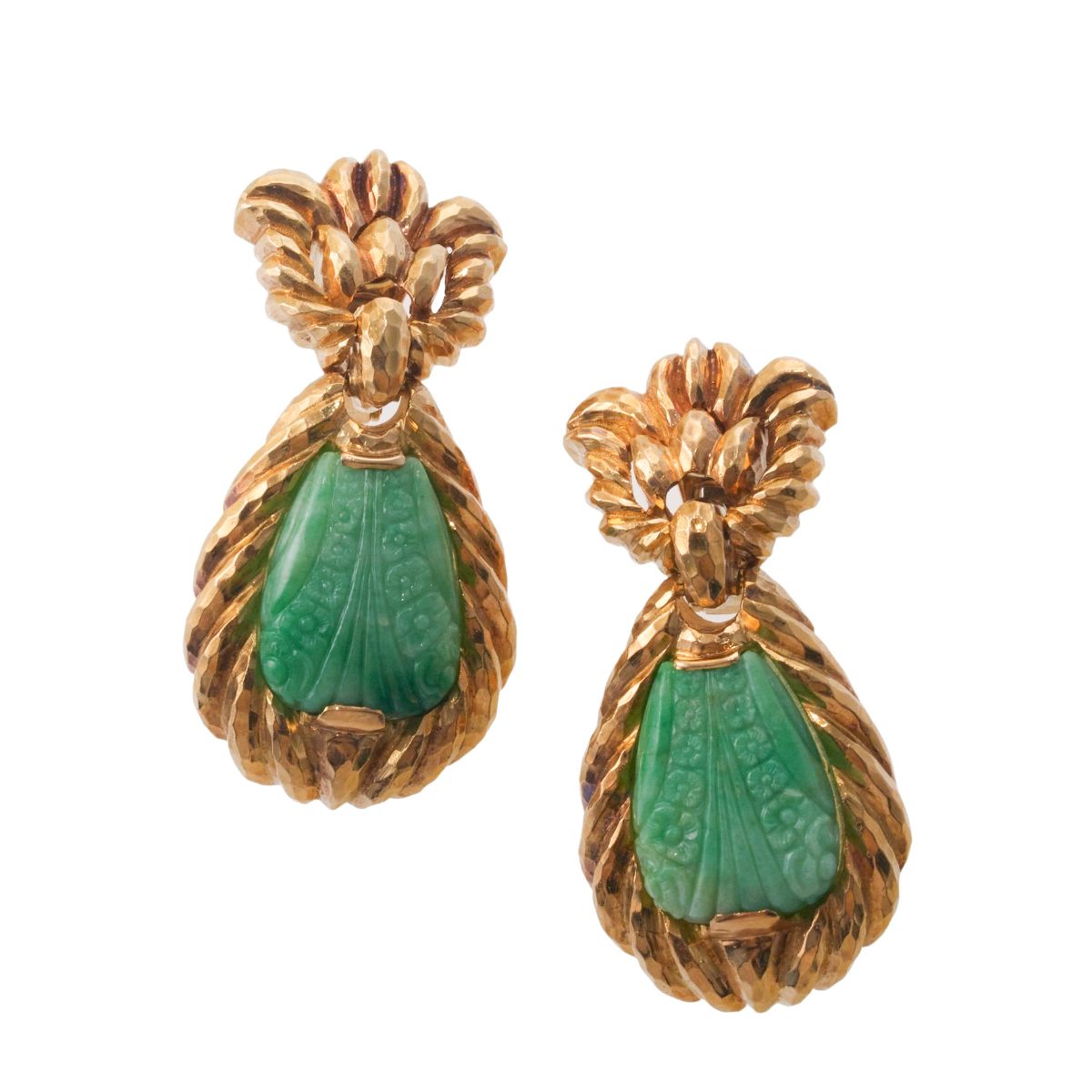 David Webb Carved Jade Gold Drop Earrings