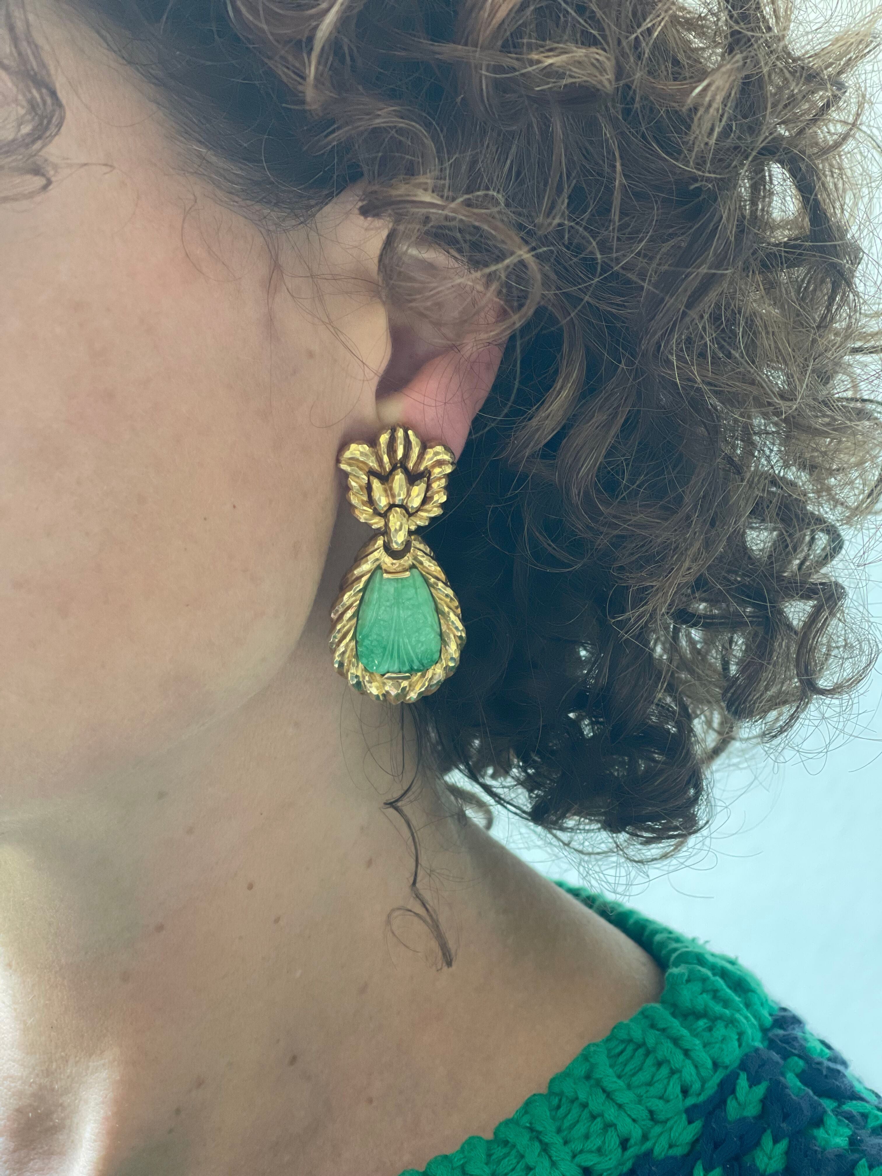 David Webb Carved Jade Gold Drop Earrings
