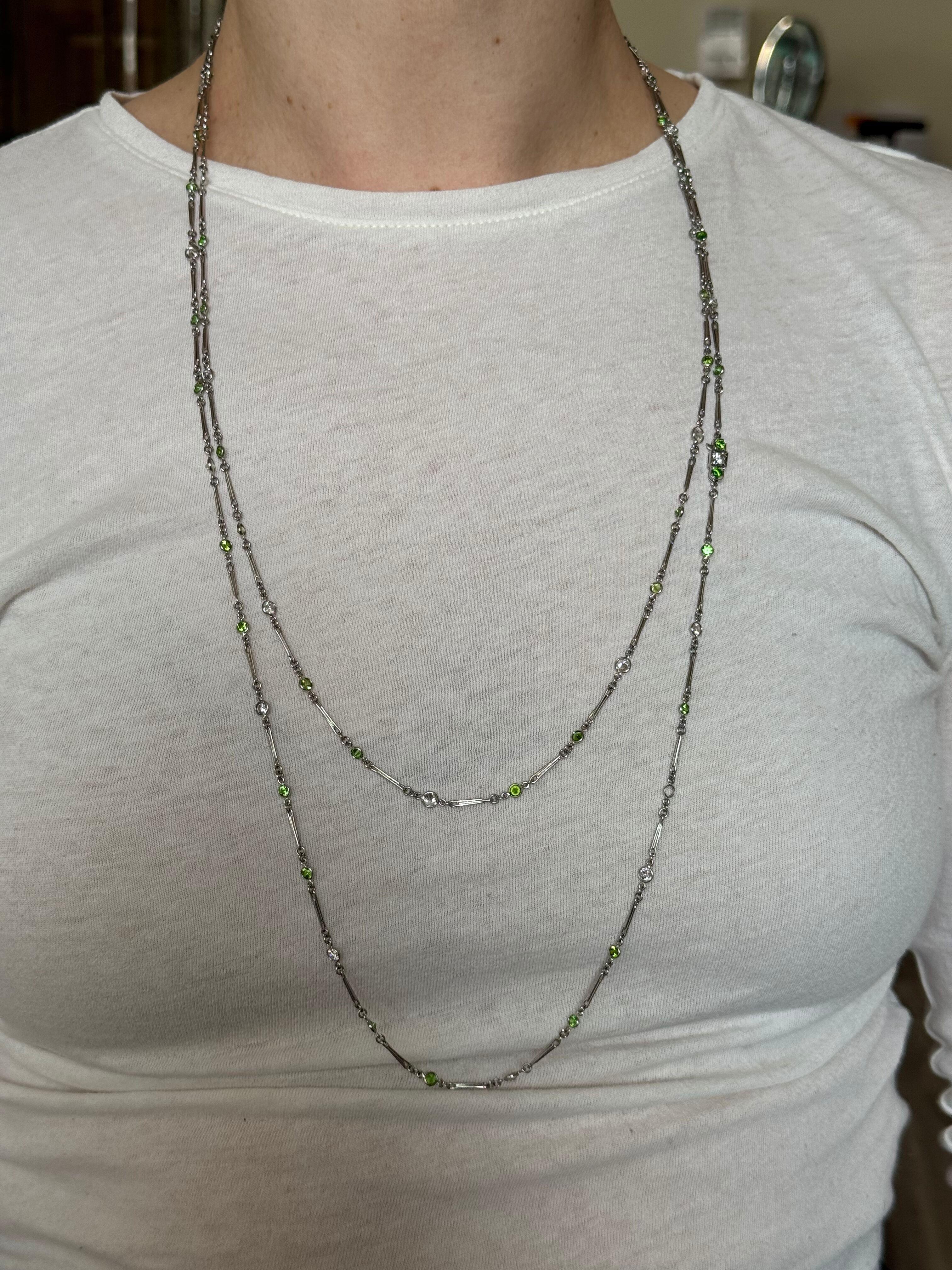 Platinum 4.54ctw Diamond 6.28ctw Demantoid Garnet Long Chain Necklace