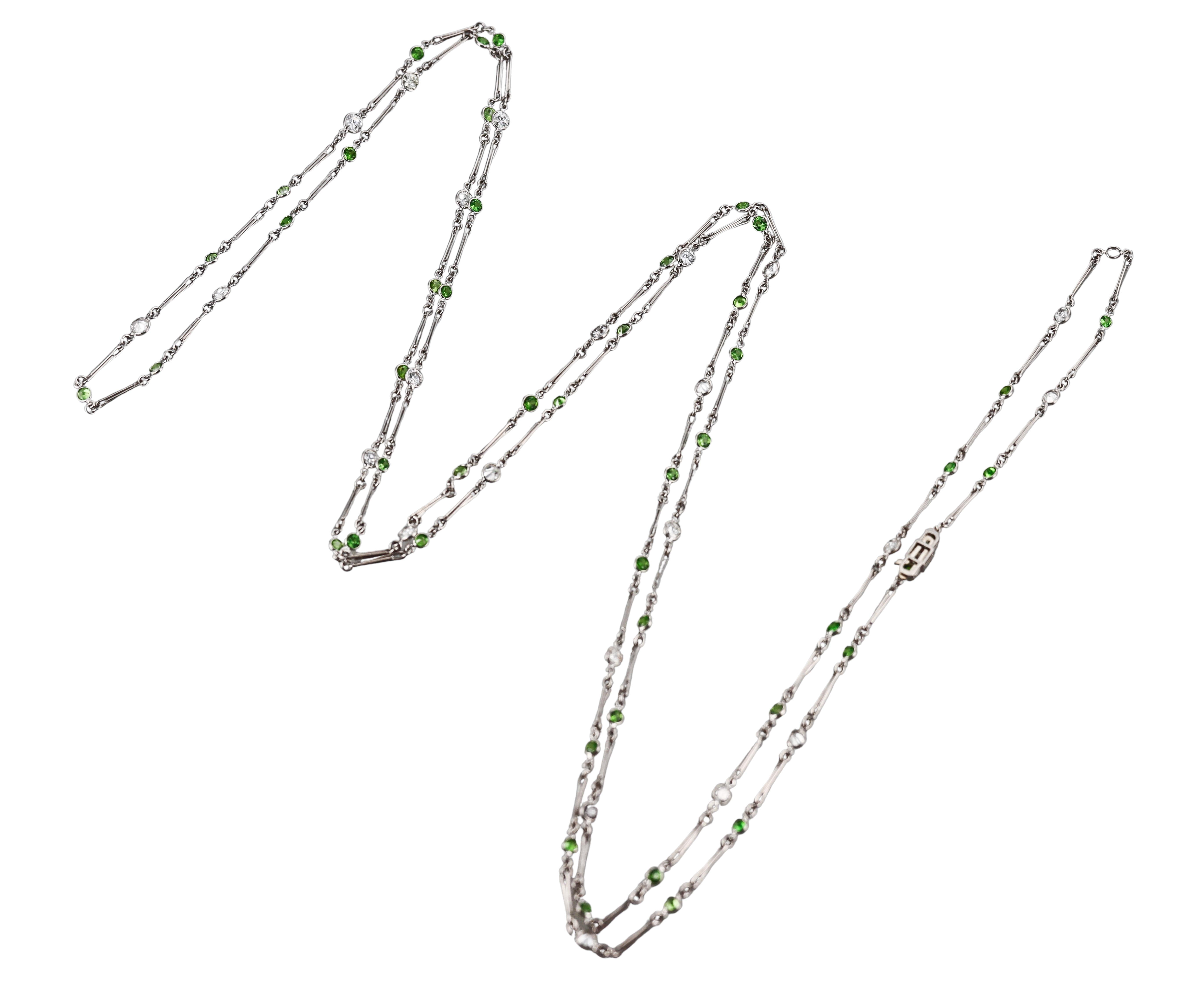 Platinum 4.54ctw Diamond 6.28ctw Demantoid Garnet Long Chain Necklace