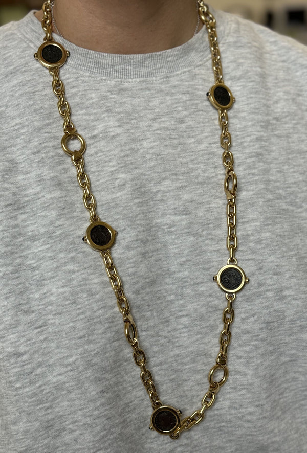 Italian Gold Sapphire Ancient Coin Long Necklace Chain