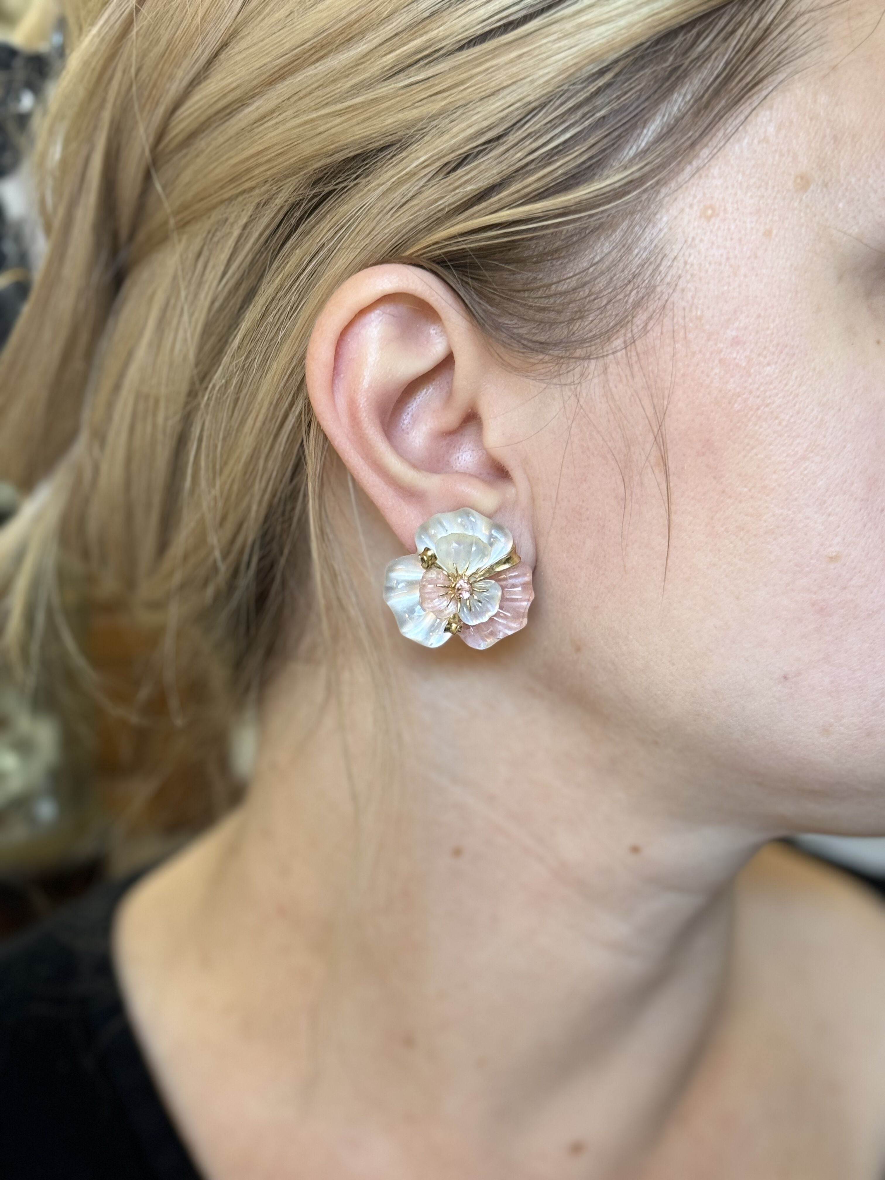 Kanaris Crystal Pink Sapphire Gold Flower Earrings Brooch Set
