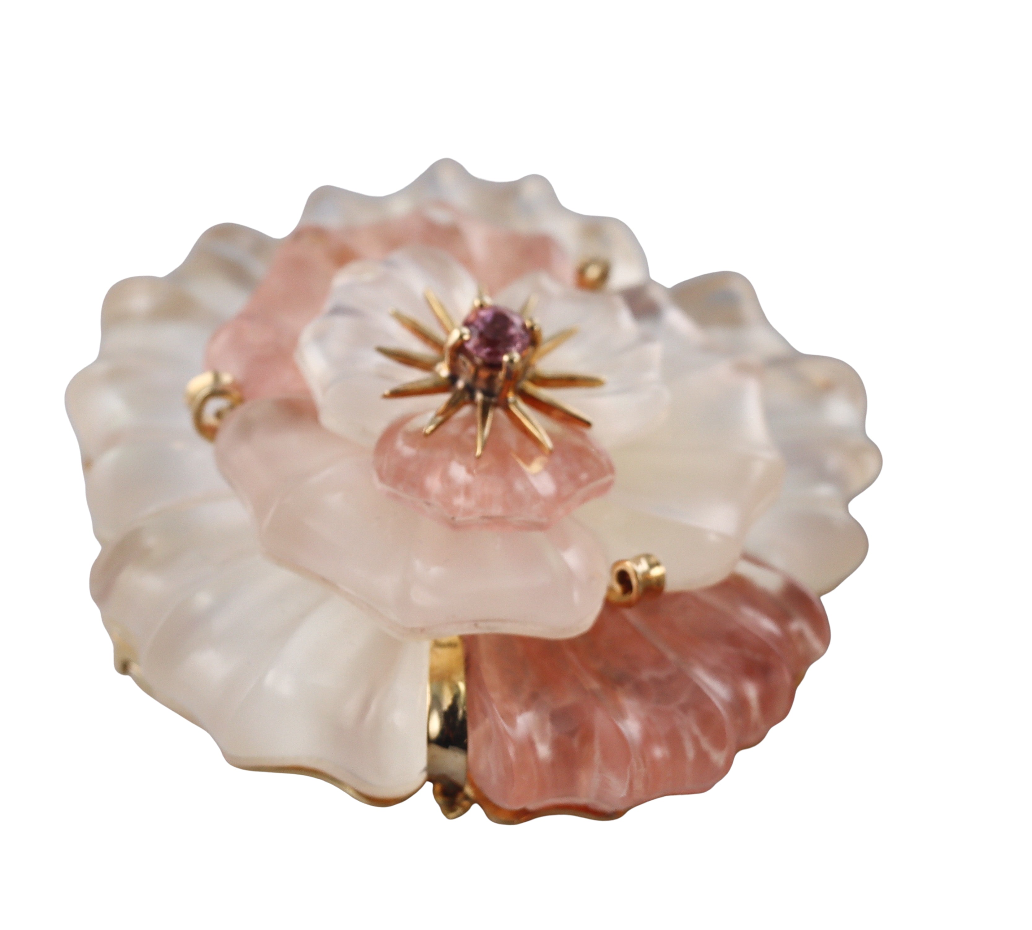 Kanaris Crystal Pink Sapphire Gold Flower Earrings Brooch Set