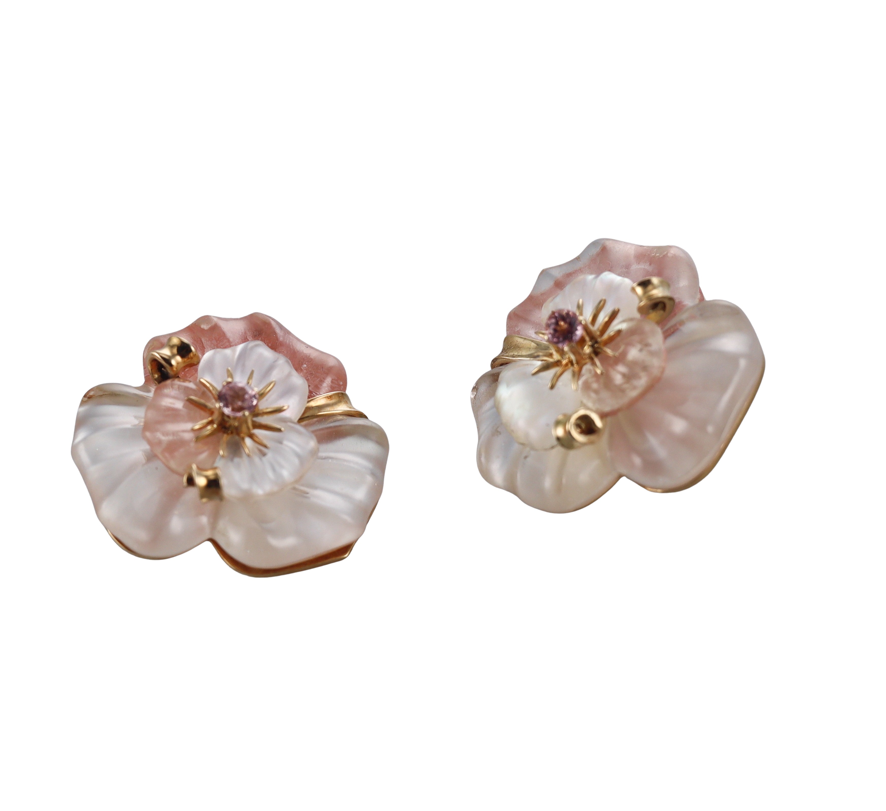 Kanaris Crystal Pink Sapphire Gold Flower Earrings Brooch Set
