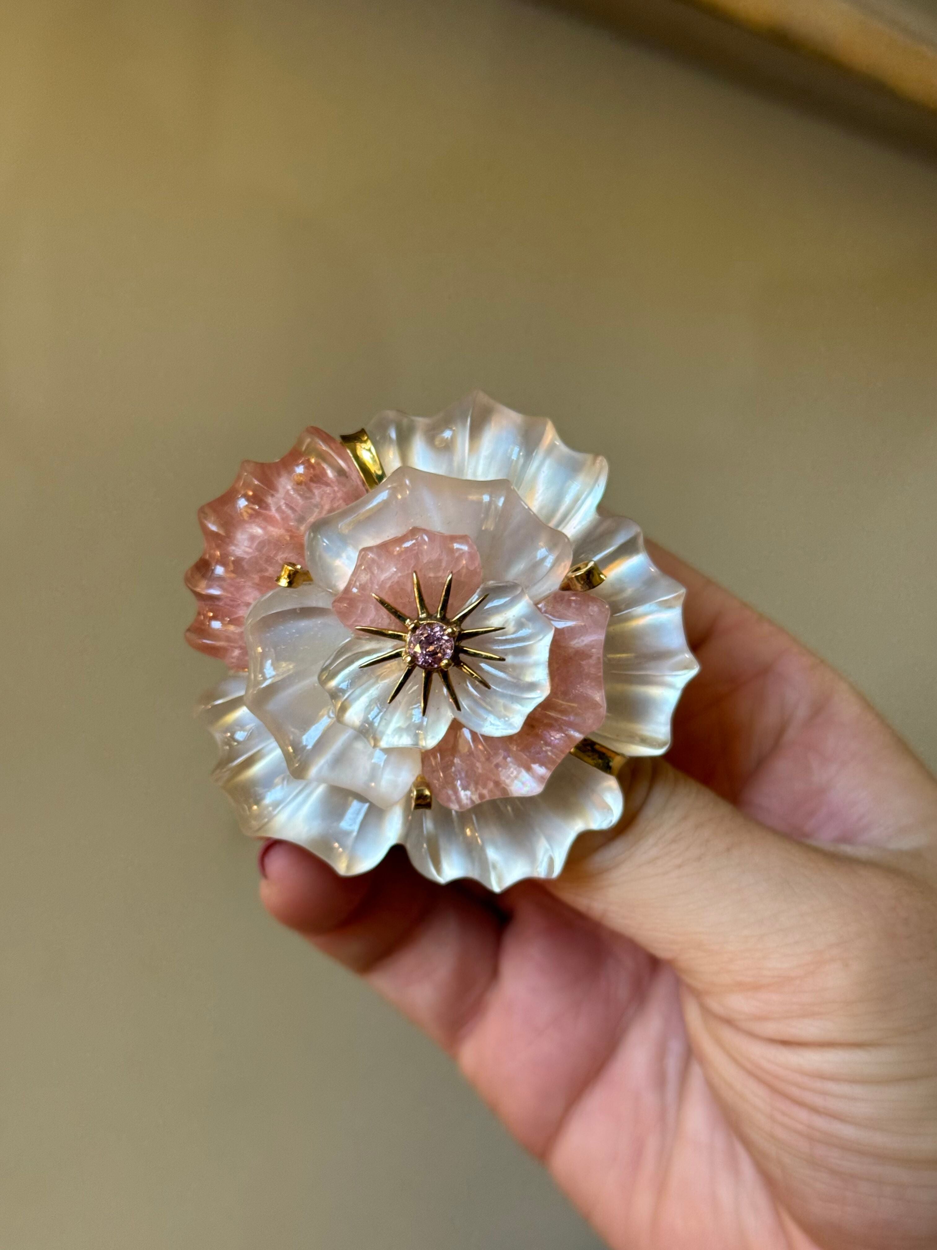 Kanaris Crystal Pink Sapphire Gold Flower Earrings Brooch Set