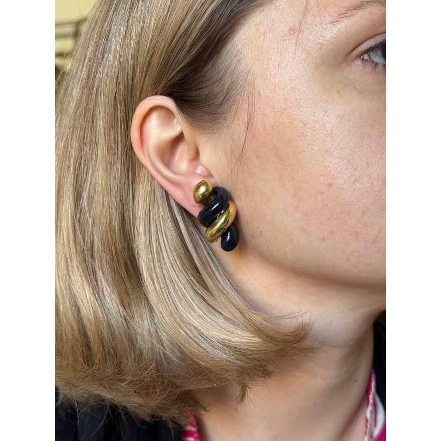 Carvin French Gold Black Jade Spiral Twist Earrings
