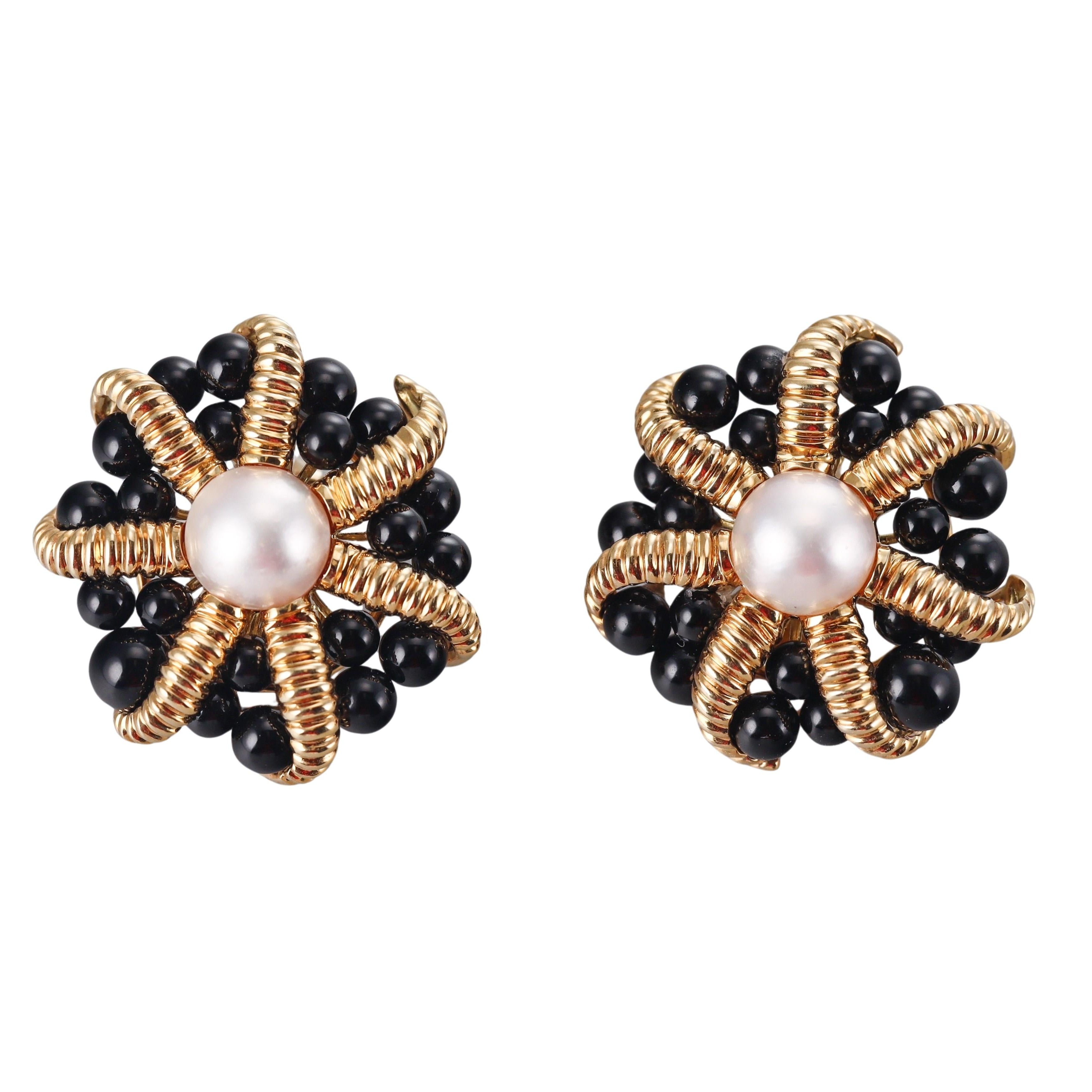 Tiffany & Co Gold Onyx Pearl Earrings