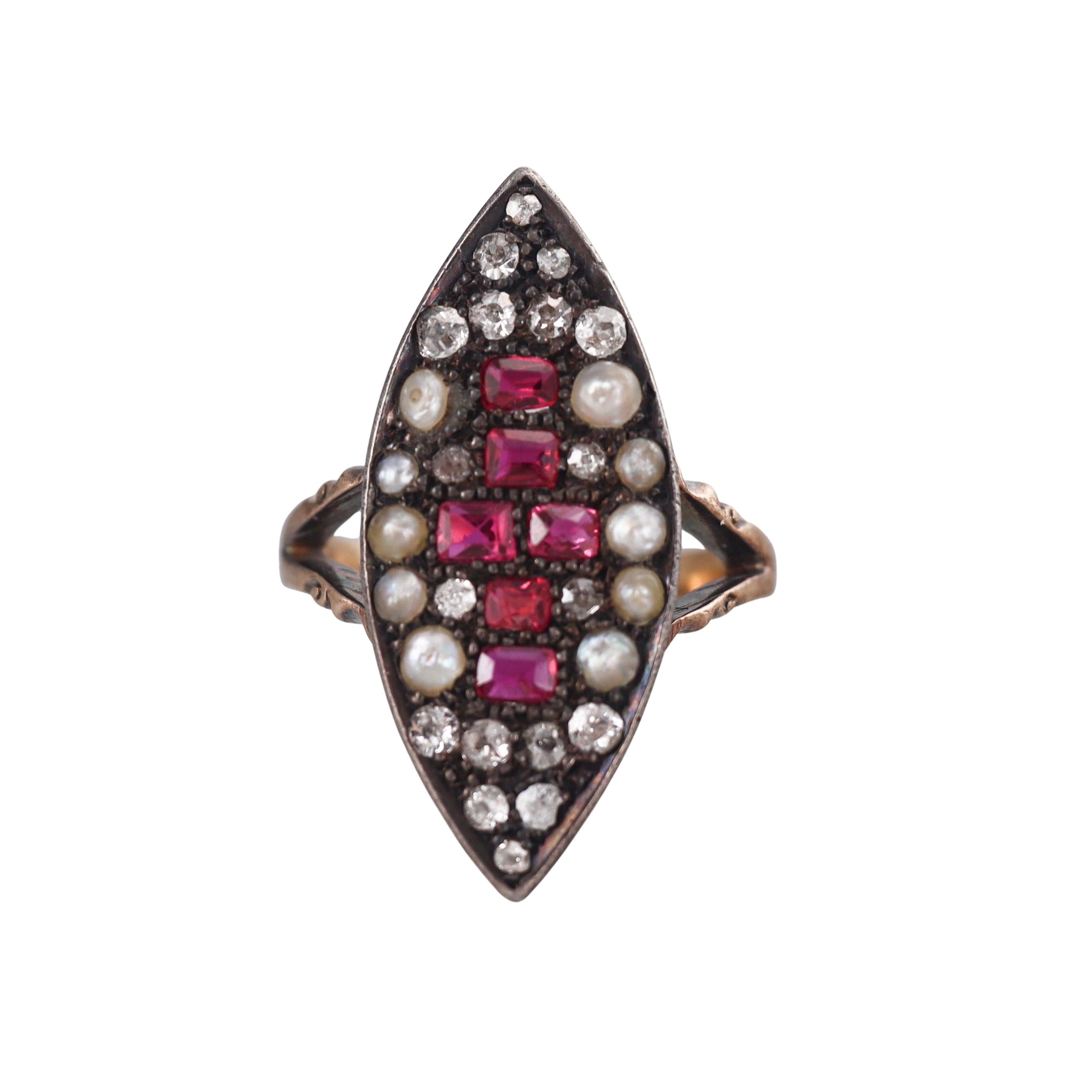 Antique Victorian English Natural Pearl Ruby Diamond Silver Gold Navette Ring