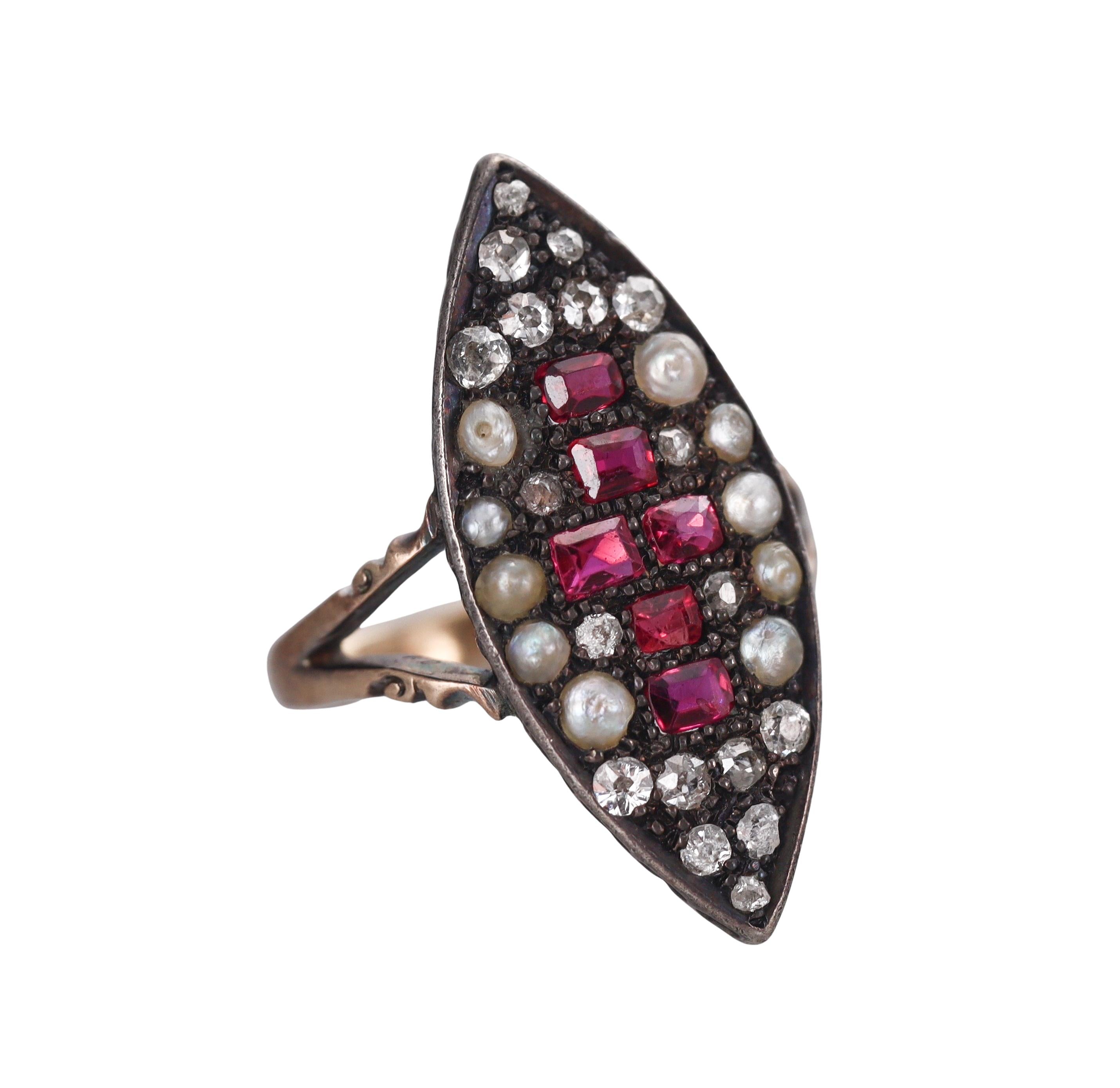Antique Victorian English Natural Pearl Ruby Diamond Silver Gold Navette Ring