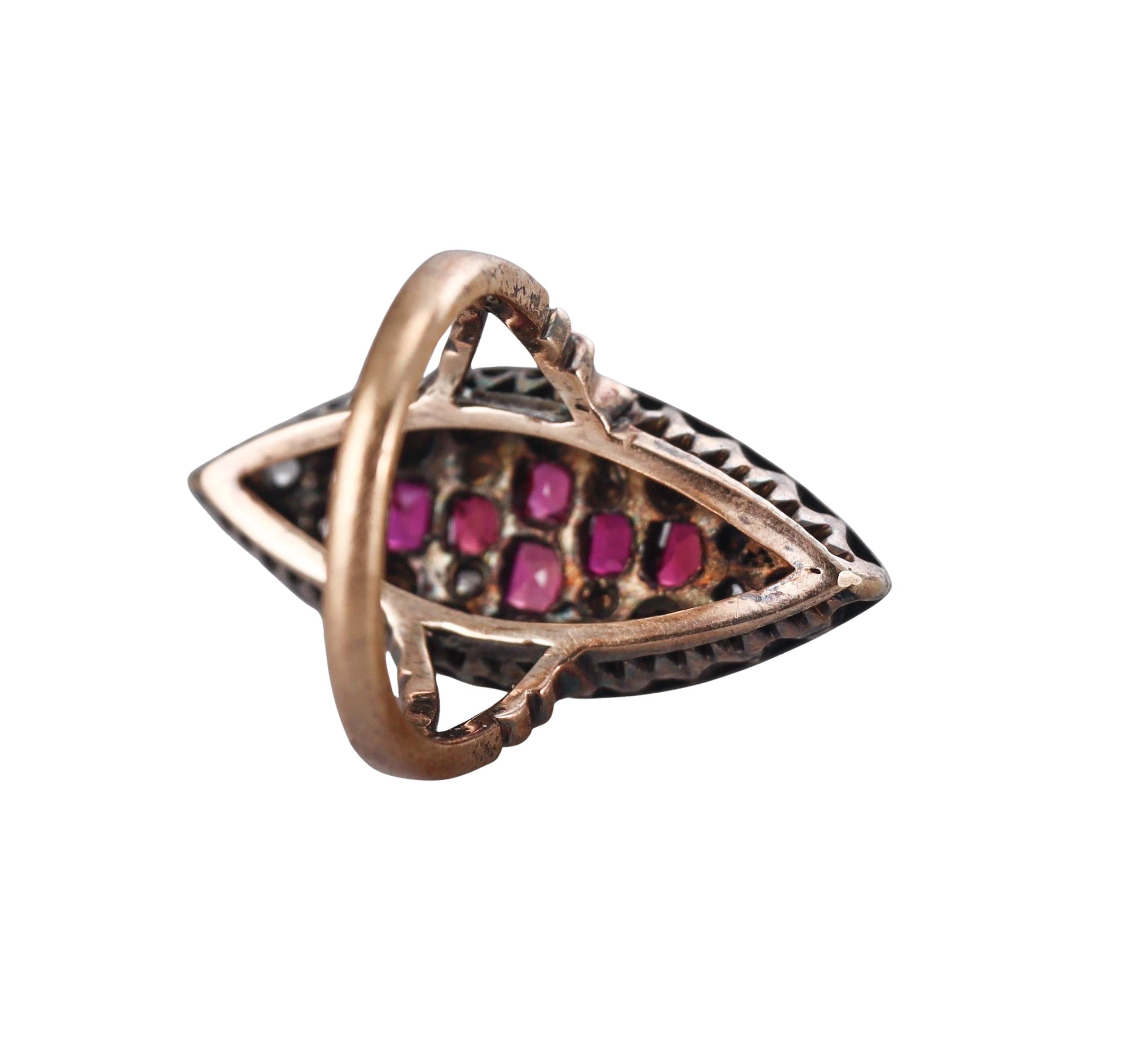 Antique Victorian English Natural Pearl Ruby Diamond Silver Gold Navette Ring