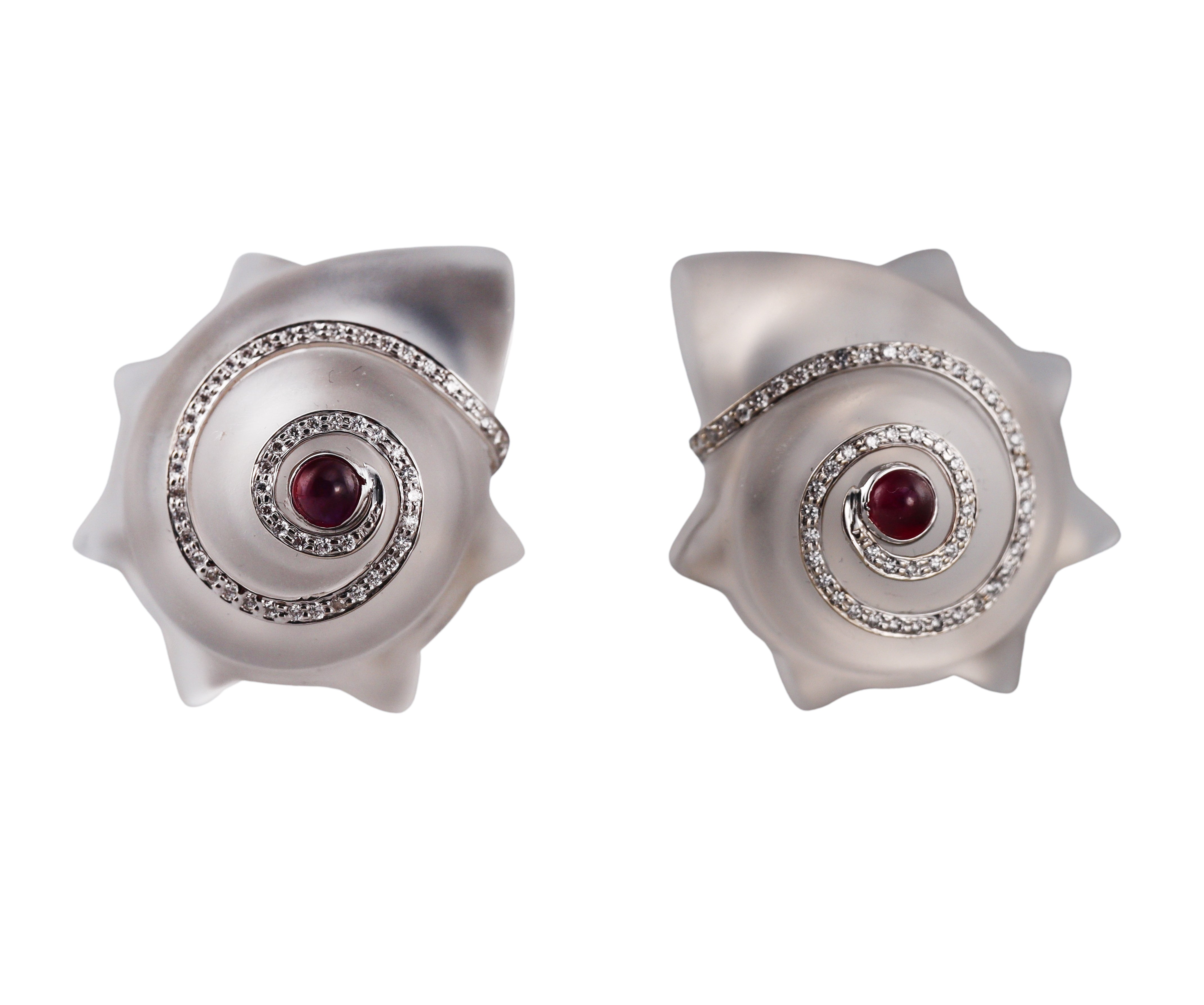 Valentin Magro Frosted Crystal Ruby Diamond Gold Shell Motif Earrings