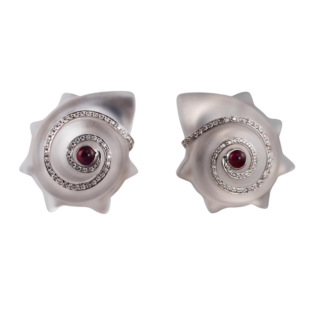 Valentin Magro Frosted Crystal Ruby Diamond Gold Shell Motif Earrings