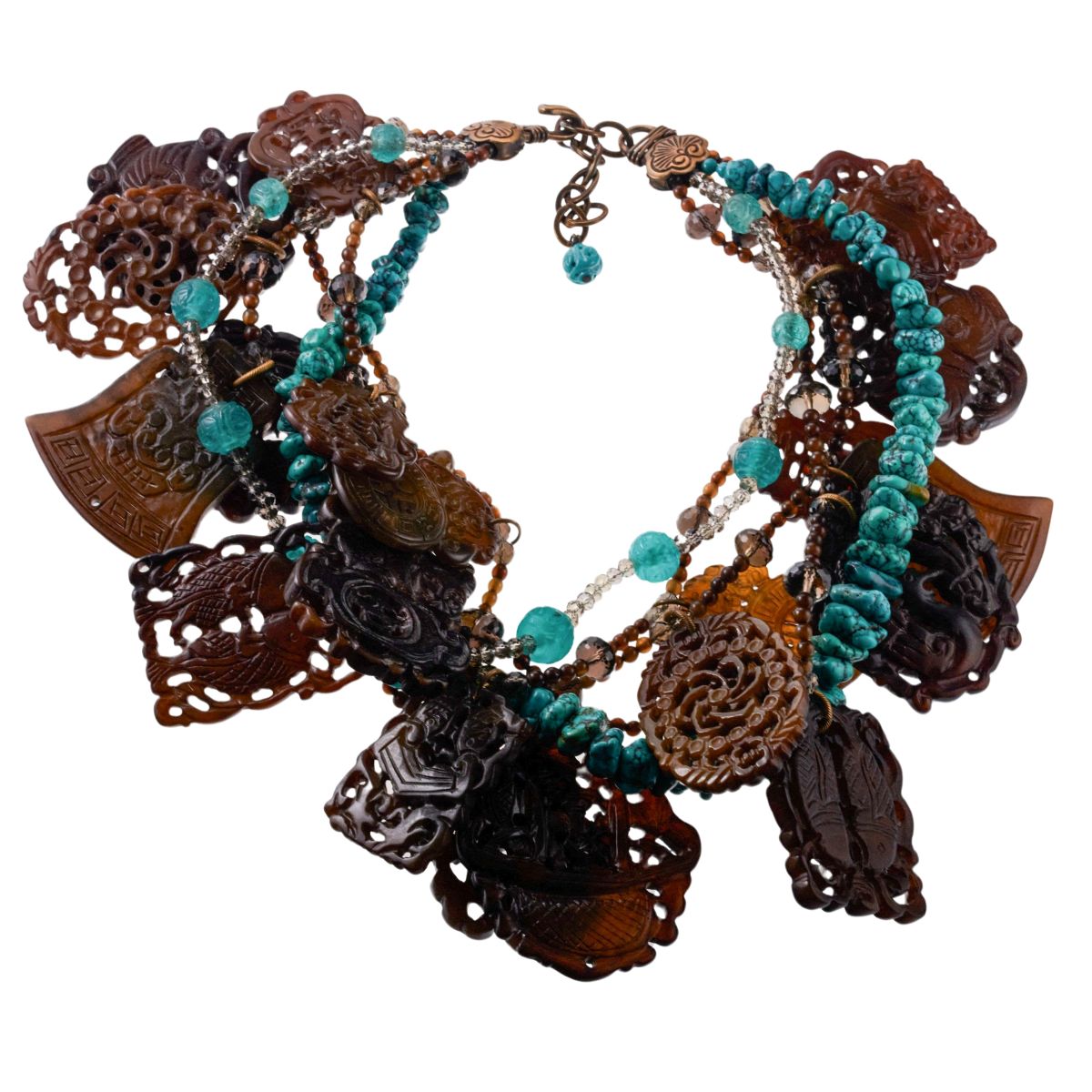 Stephen Dweck Bronze Turquoise Quartz Carved Stone Necklace