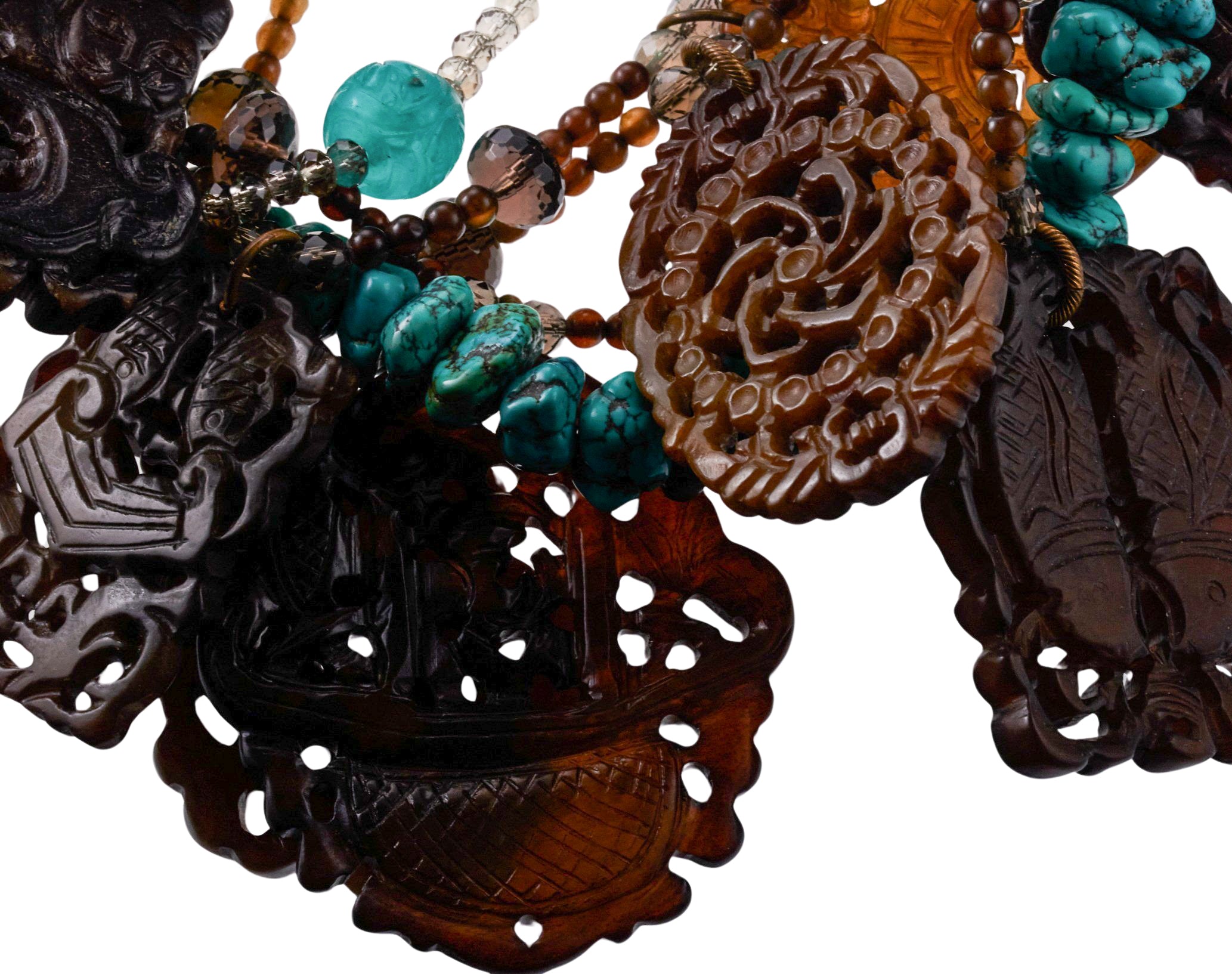 Stephen Dweck Bronze Turquoise Quartz Carved Stone Necklace