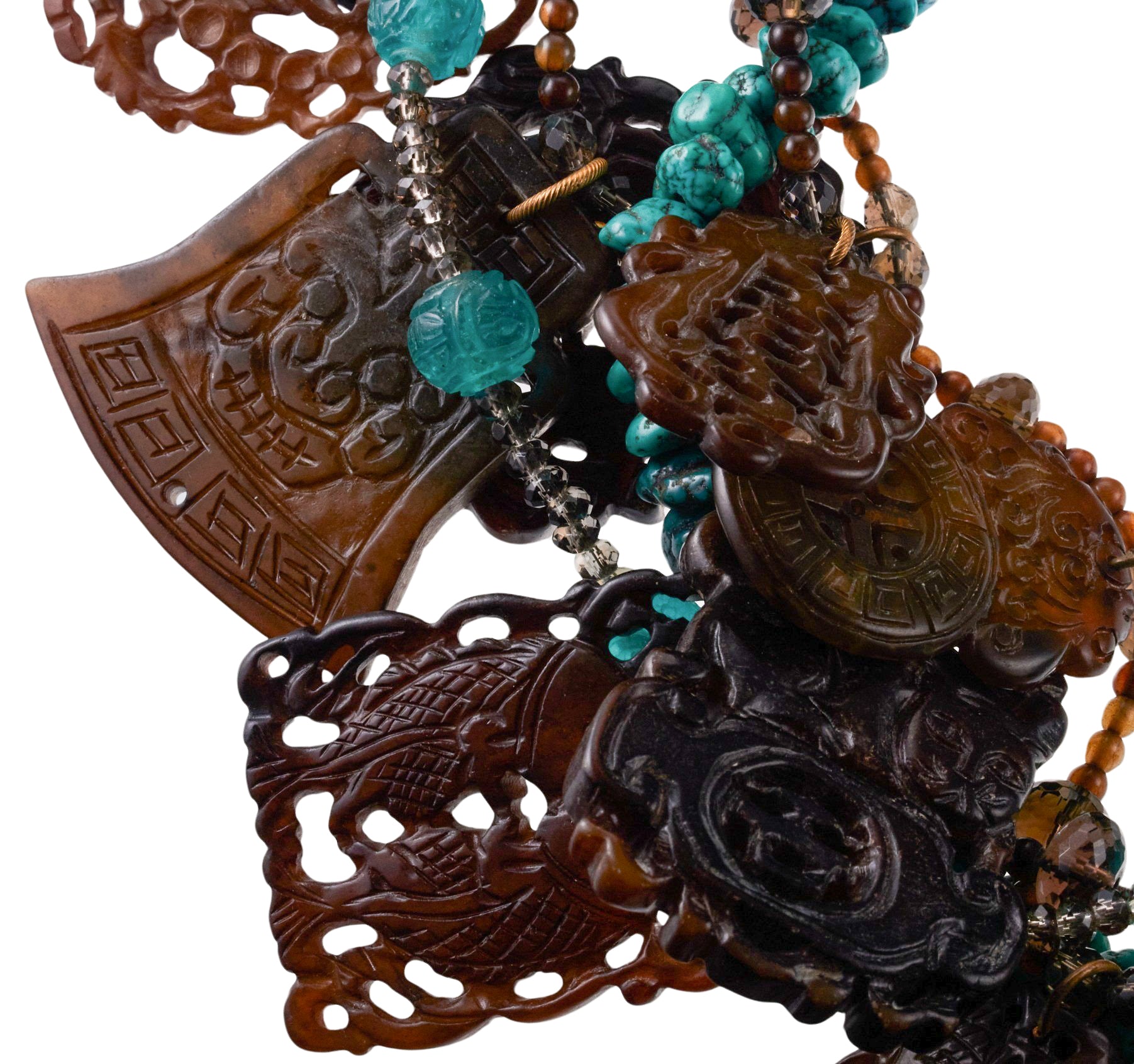 Stephen Dweck Bronze Turquoise Quartz Carved Stone Necklace