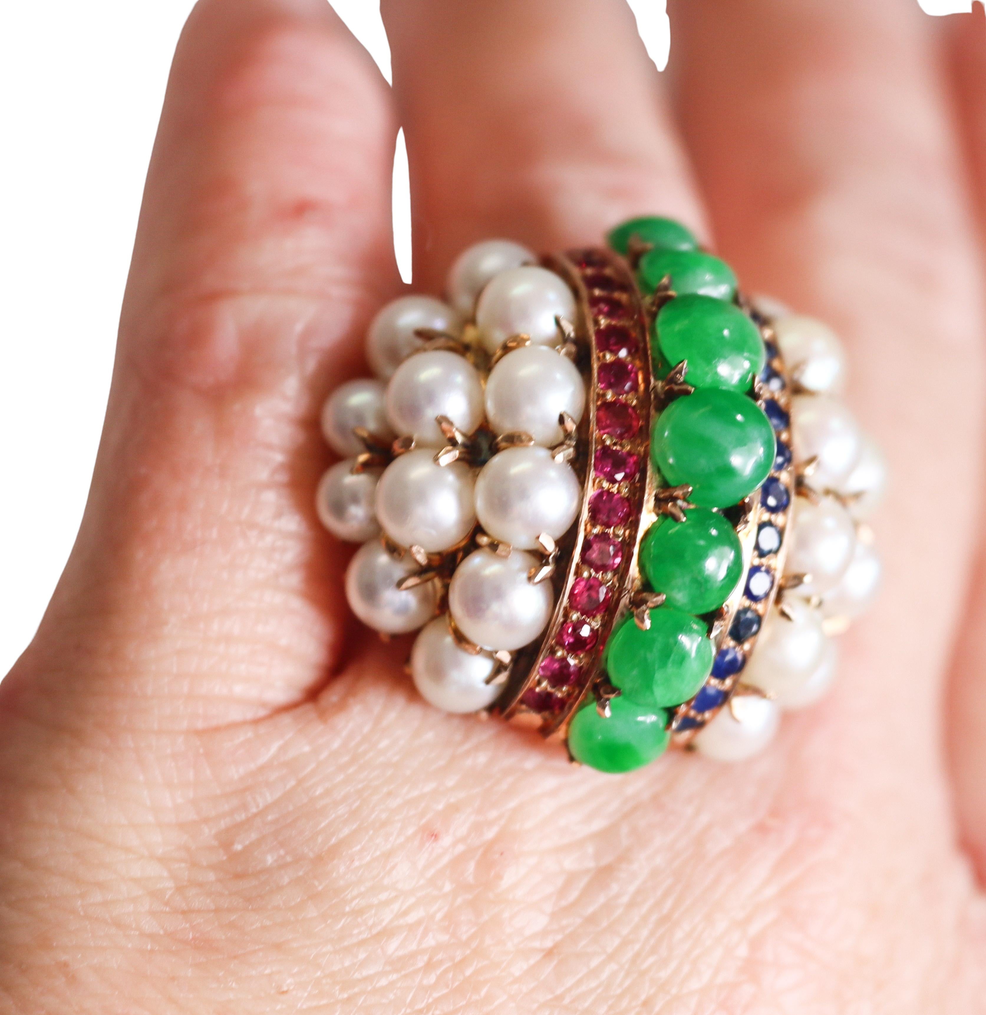 Retro Sapphire Ruby Pearl Jade Gold Cocktail Ring
