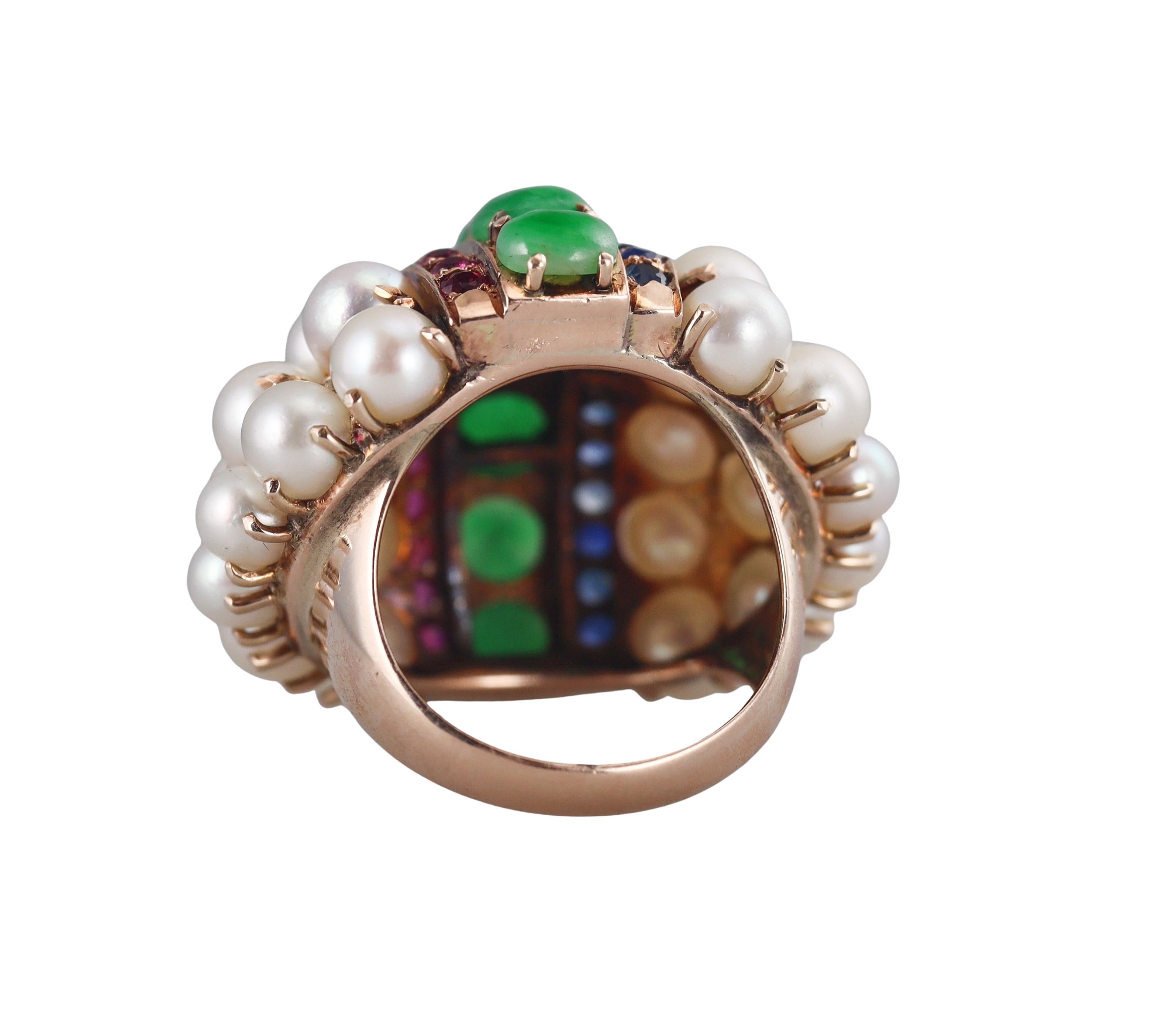 Retro Sapphire Ruby Pearl Jade Gold Cocktail Ring