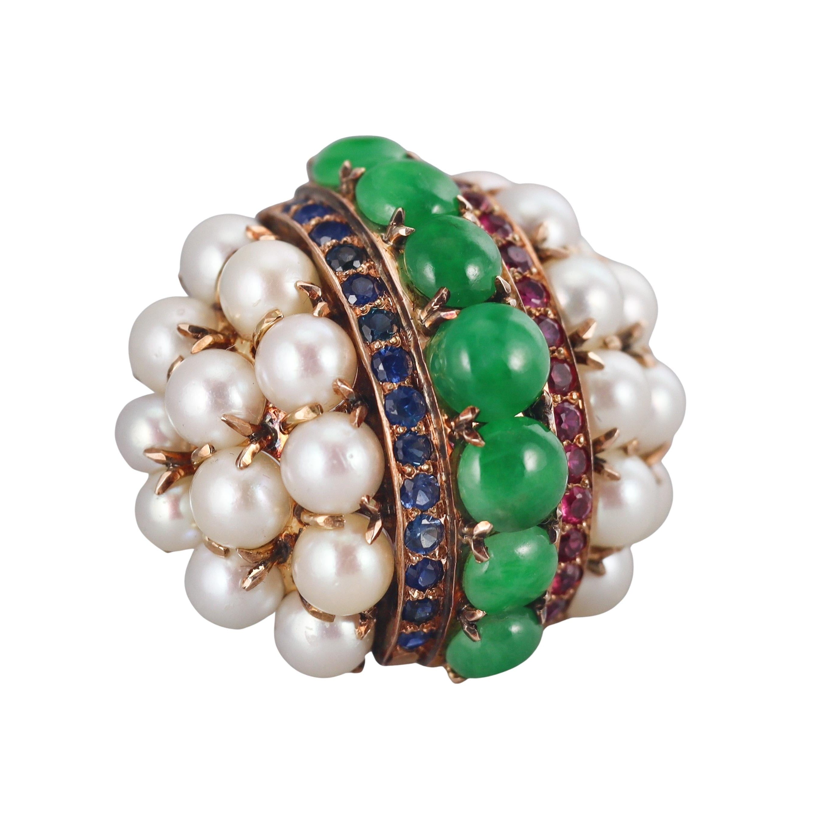 Retro Sapphire Ruby Pearl Jade Gold Cocktail Ring