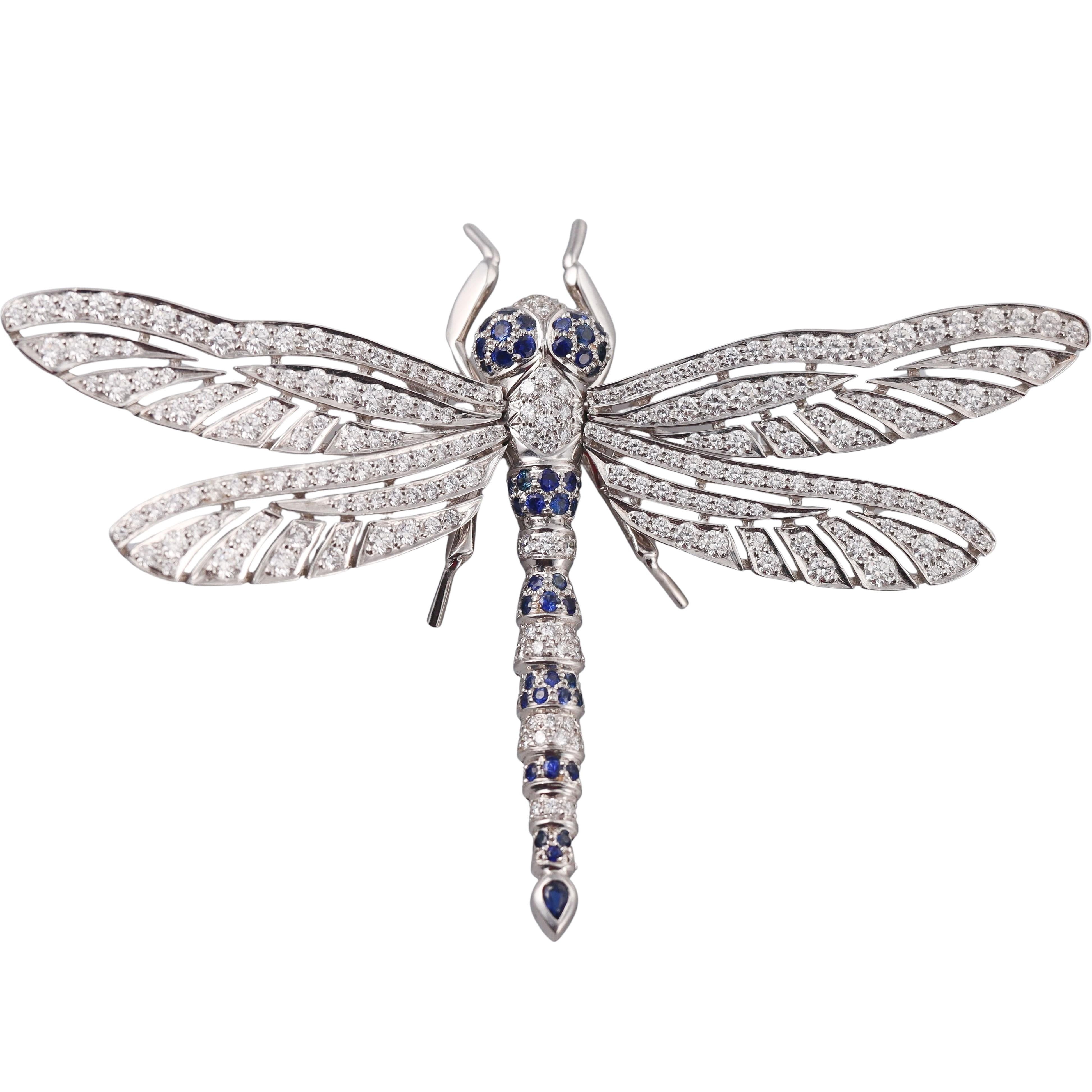 Jean Vitau Platinum 4.60ctw Diamond Sapphire Dragonfly Brooch