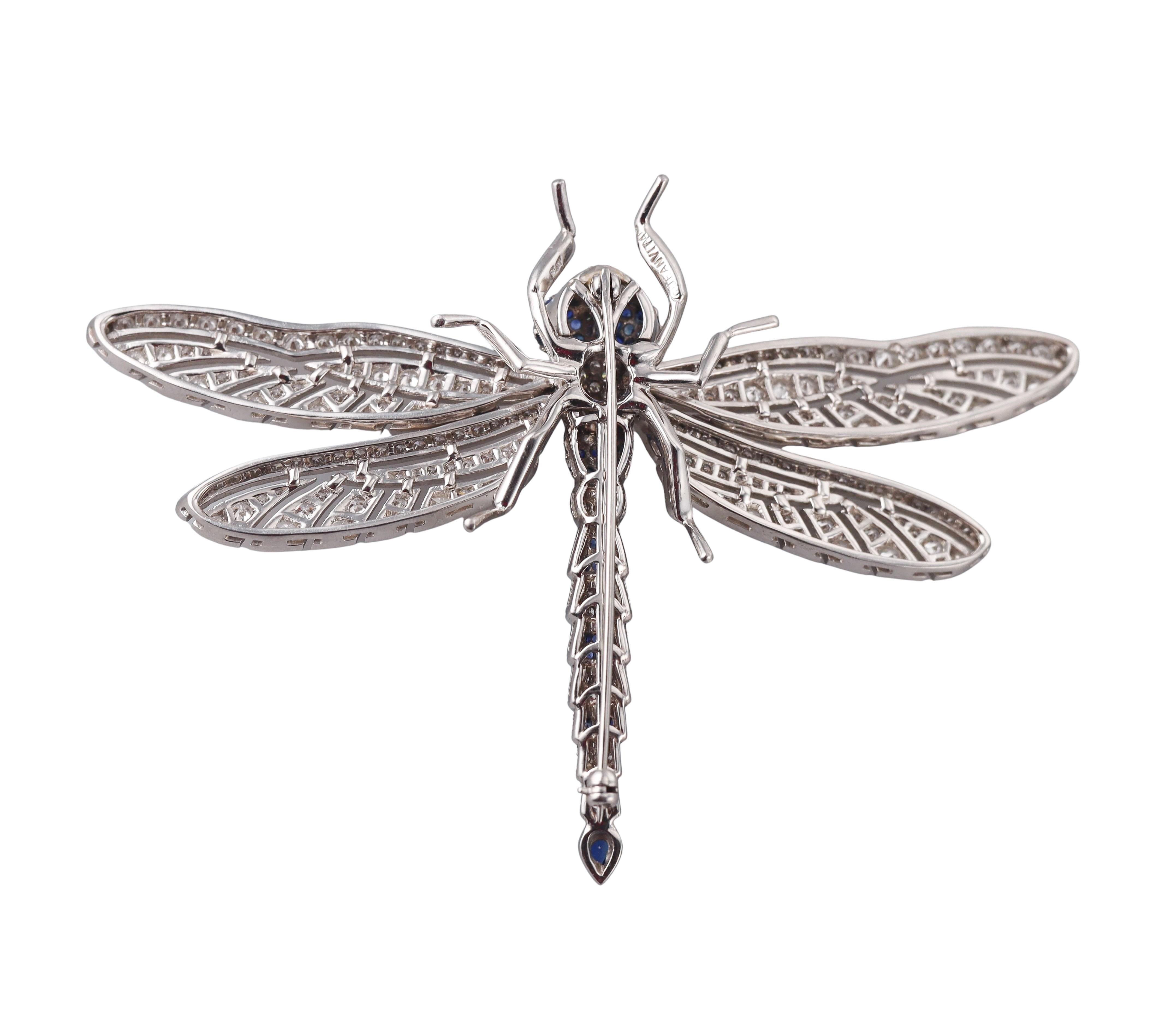 Jean Vitau Platinum 4.60ctw Diamond Sapphire Dragonfly Brooch