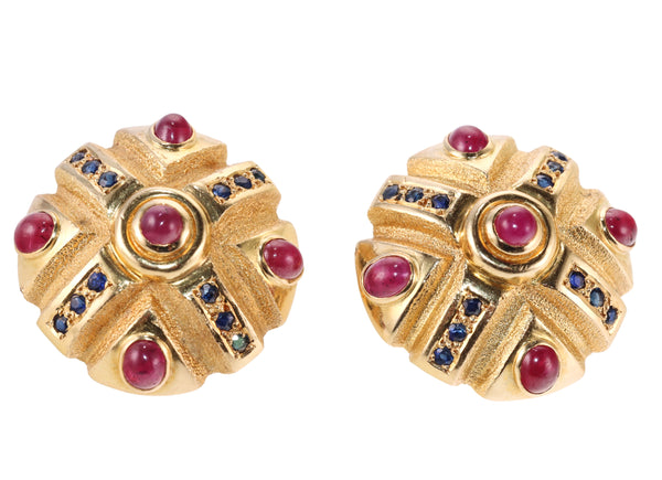 Lalaounis Greece Gold Sapphire Ruby Earrings