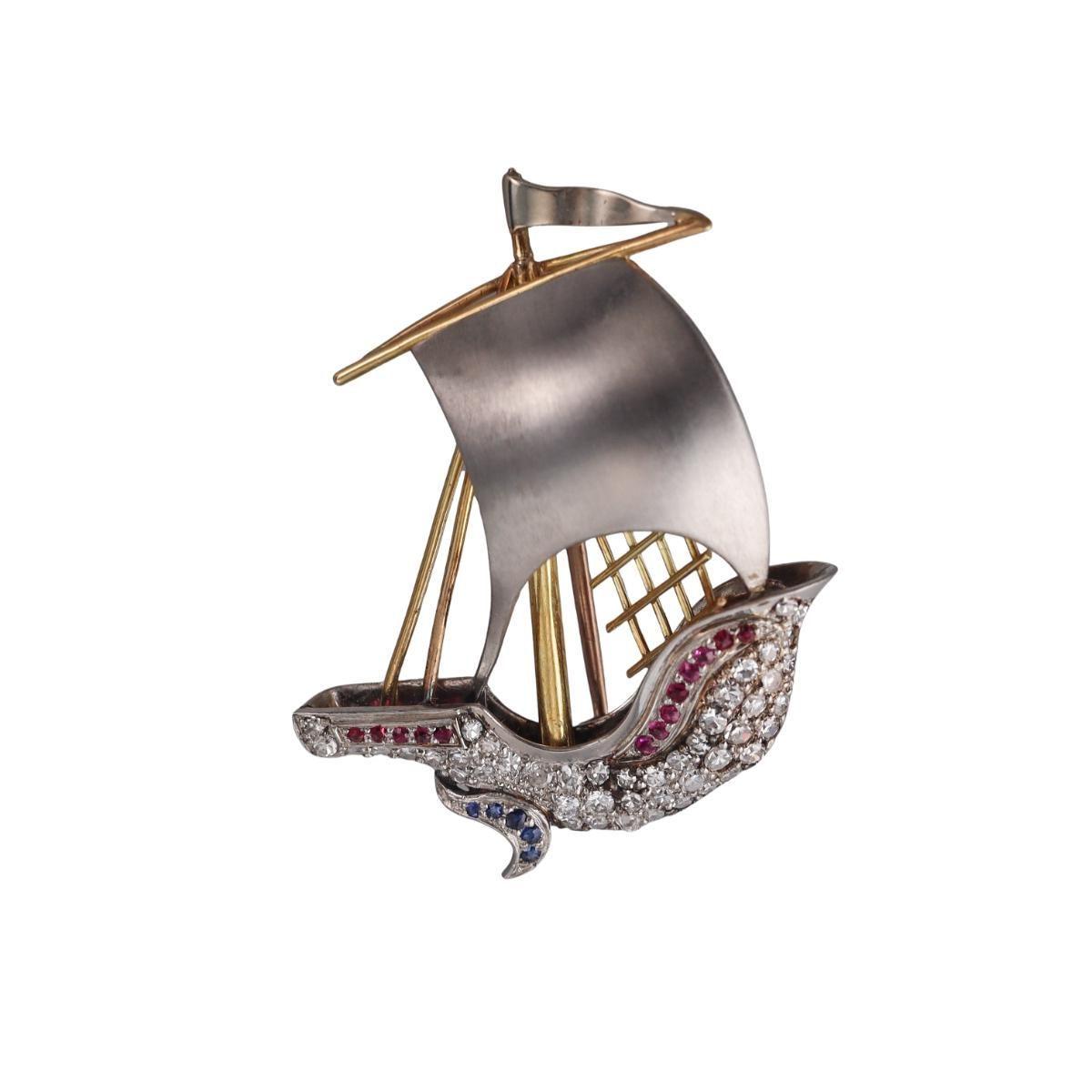 Antique Scottish Gold Platinum Diamond Ruby Sapphire Sailboat Brooch