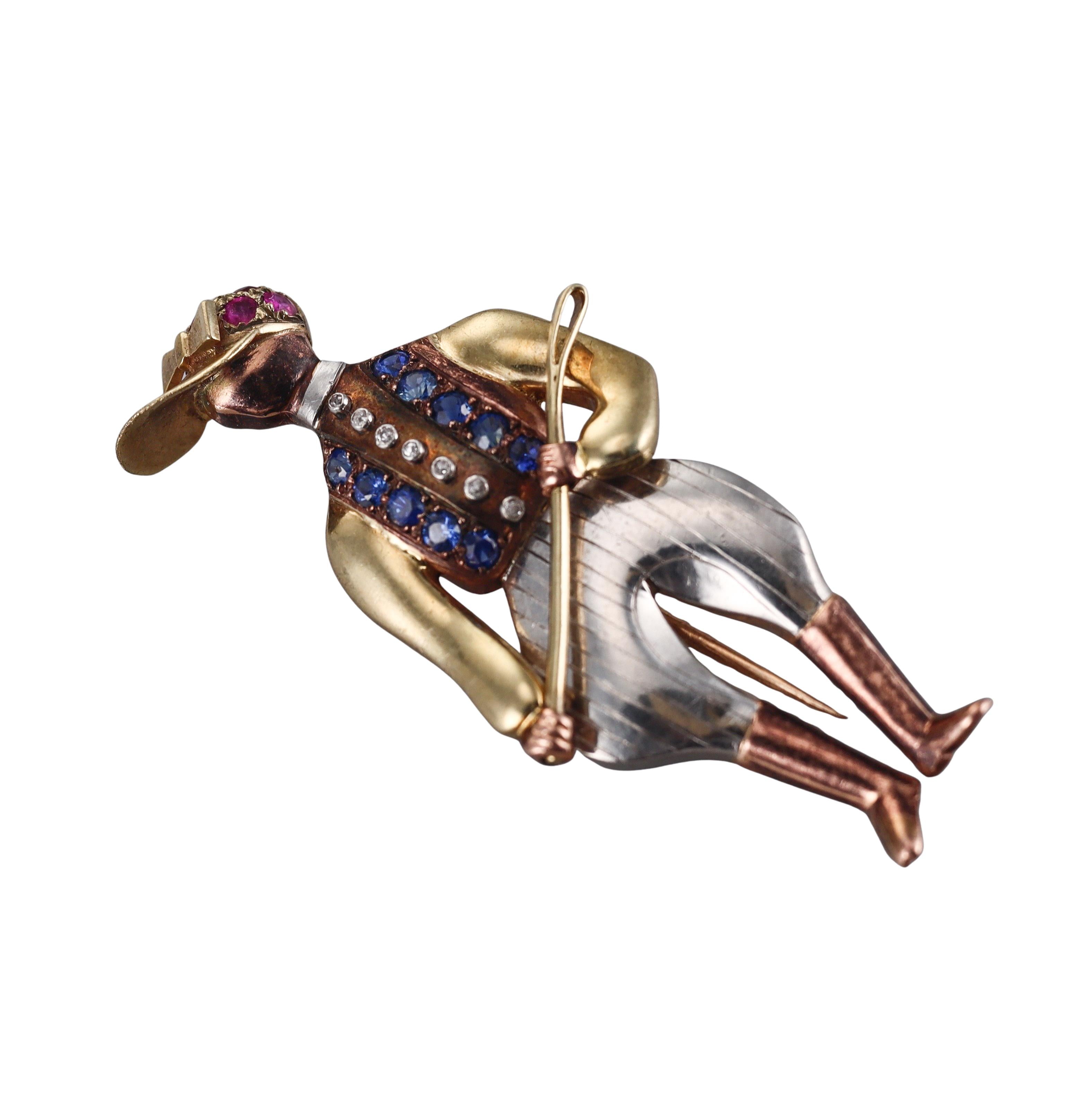 Retro Vintage Gold Diamond Sapphire Jockey Brooch Pin Brooch