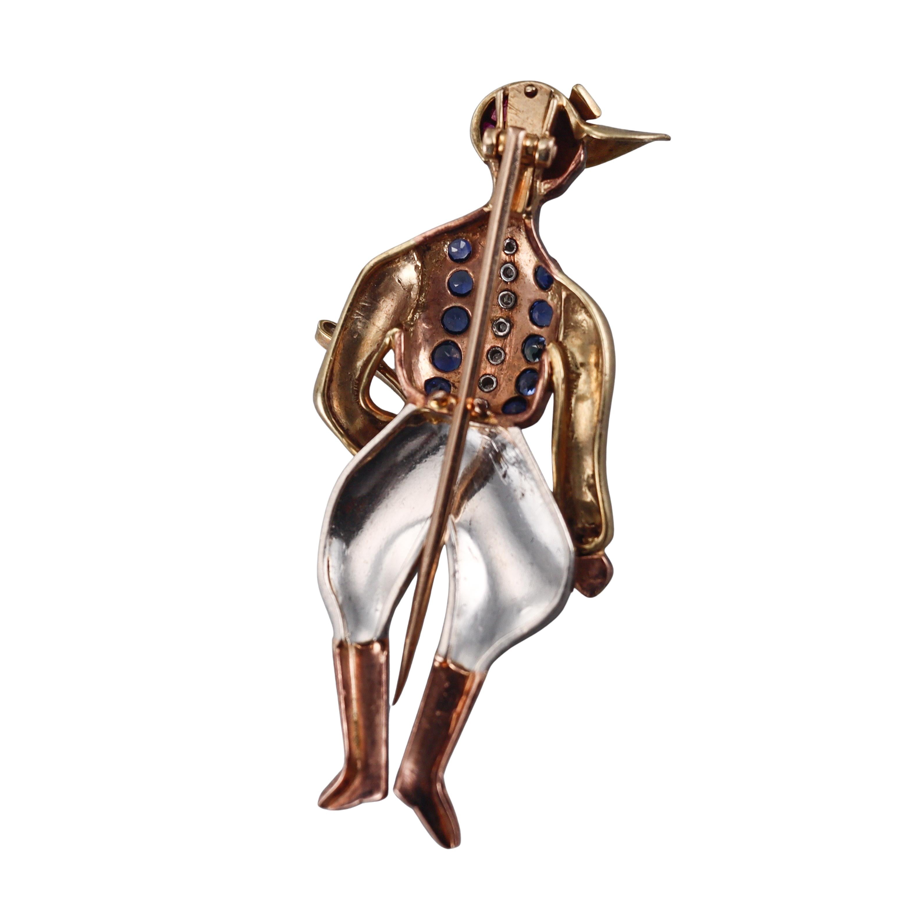 Retro Vintage Gold Diamond Sapphire Jockey Brooch Pin Brooch